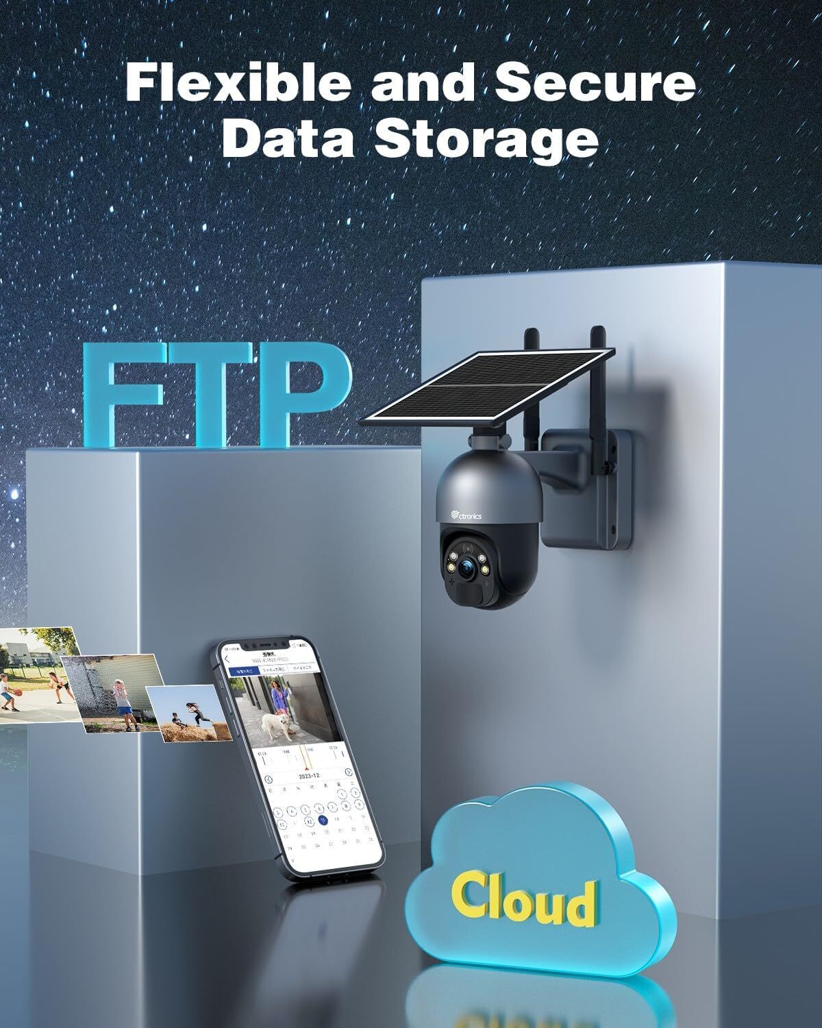 Caméra de surveillance sans fil Ctronics 5MP extérieure, panneau solaire 6W, alarme sonore et lumineuse, contrôle à distance via PC/téléphone, FTP - 7