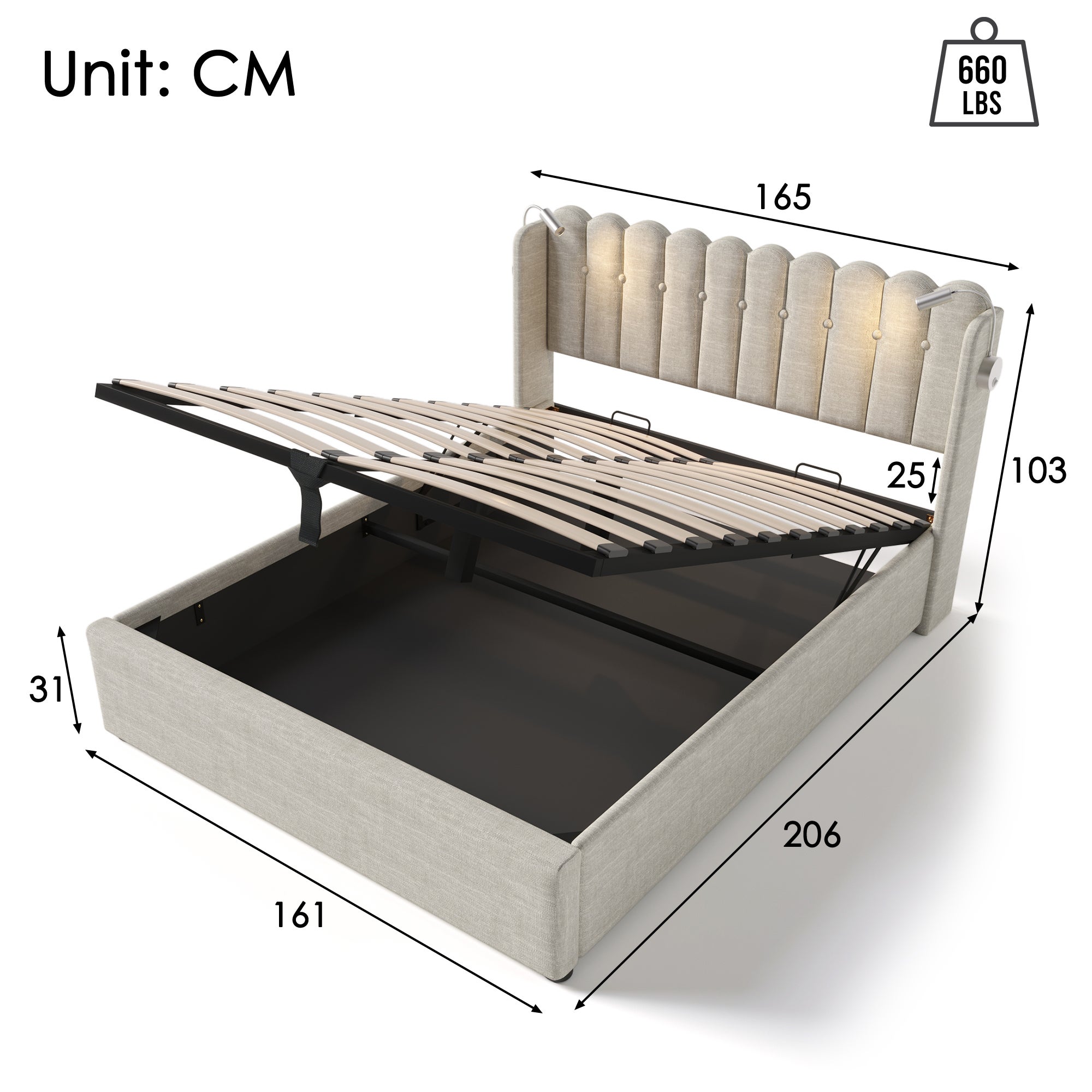 Cama contenedor tapizada con LED y puertos de carga USB - 160x200cm - tela de lino - con somier - Beige - 5