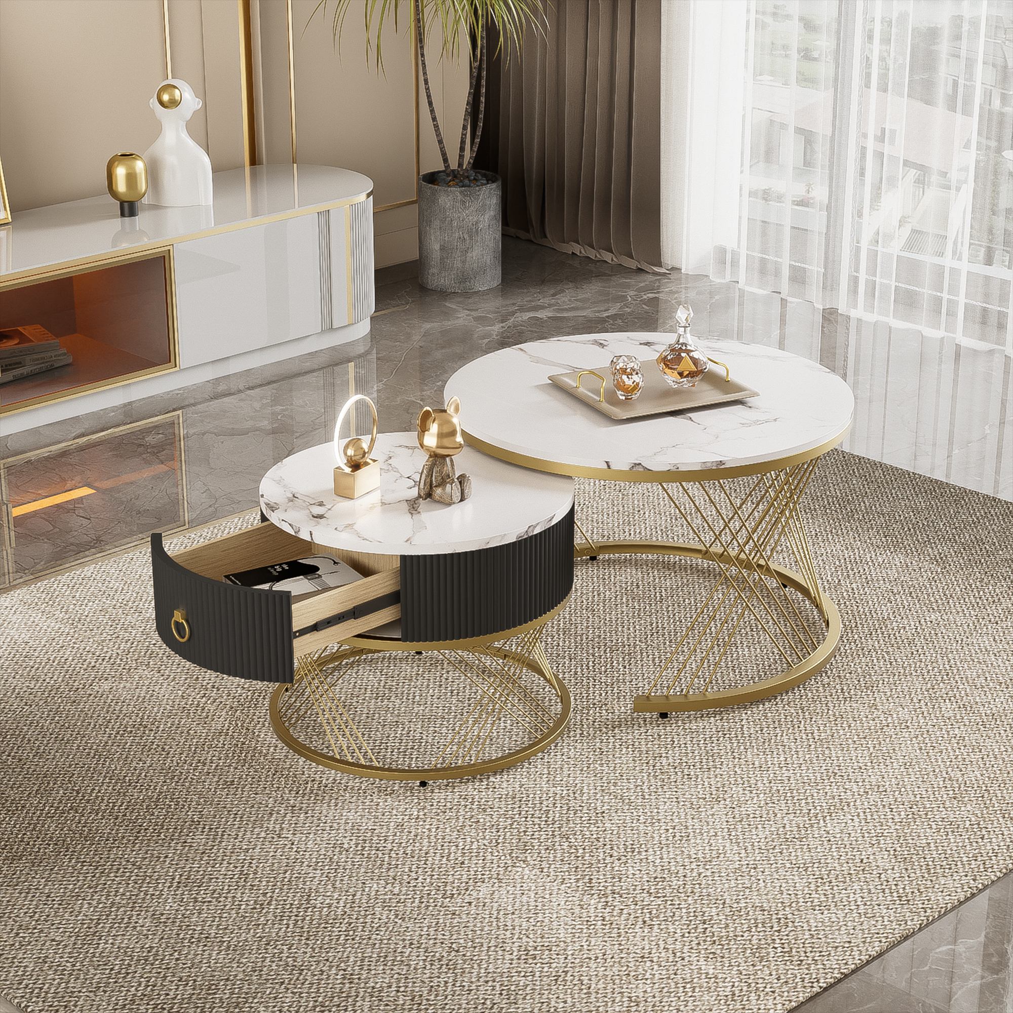 Table basse 70x70x45+50x50x40cm modulaire effet marbre MDF blanc ...