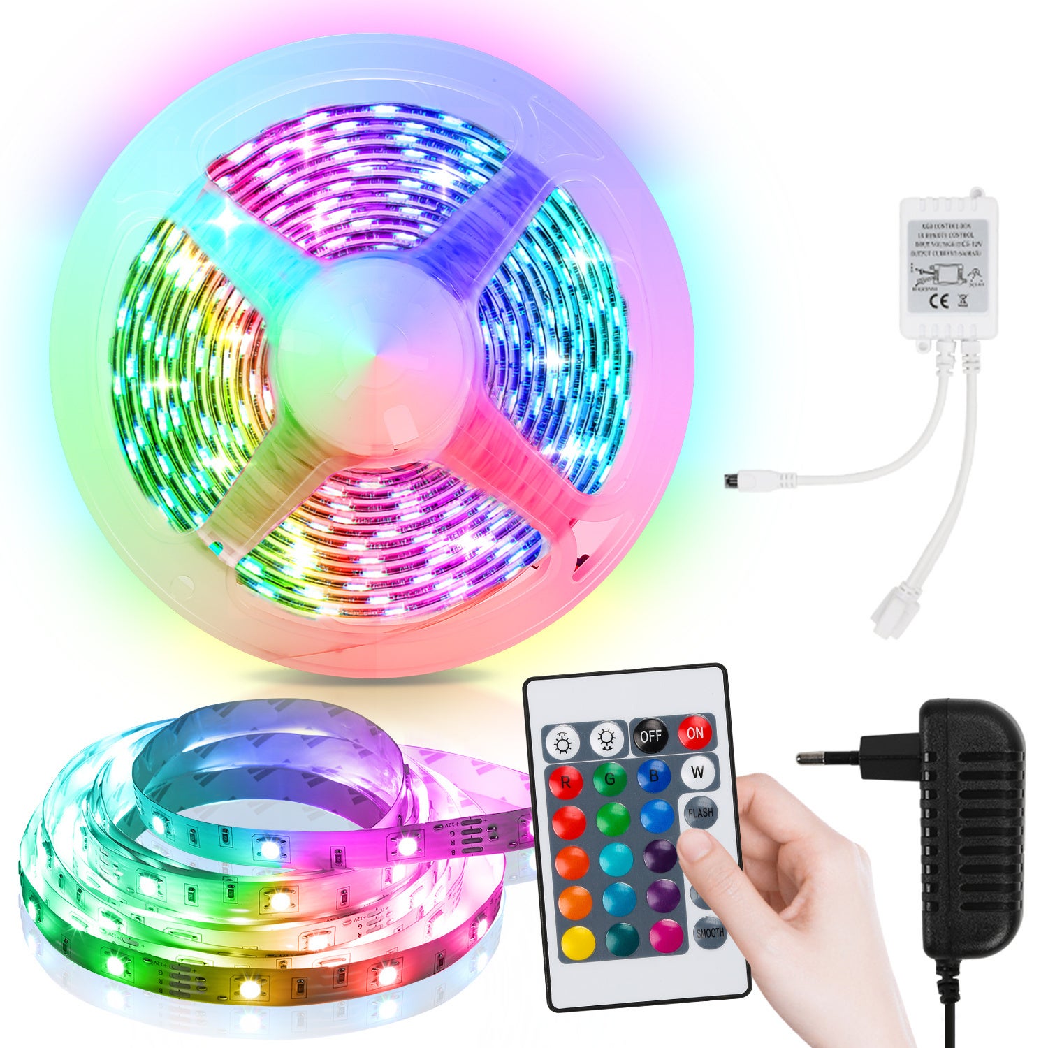 Taśma LED 3M 5050 SMD RGB, 90 diod LED z 24-klawiszowym pilotem + zasilacz 12 V do ścianki tylnej na imprezę