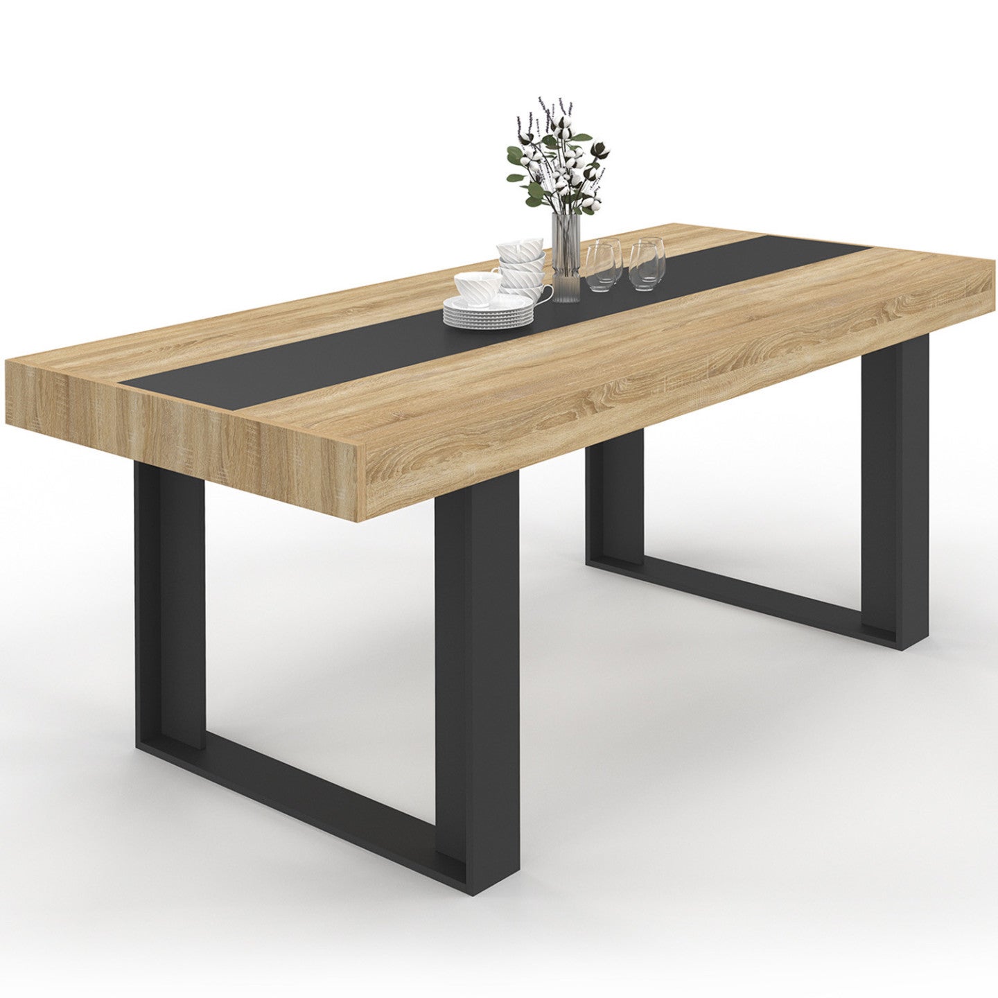 Table à manger rectangle PHOENIX 8 personnes bois et noir bande centrale noire 200 cm - 2