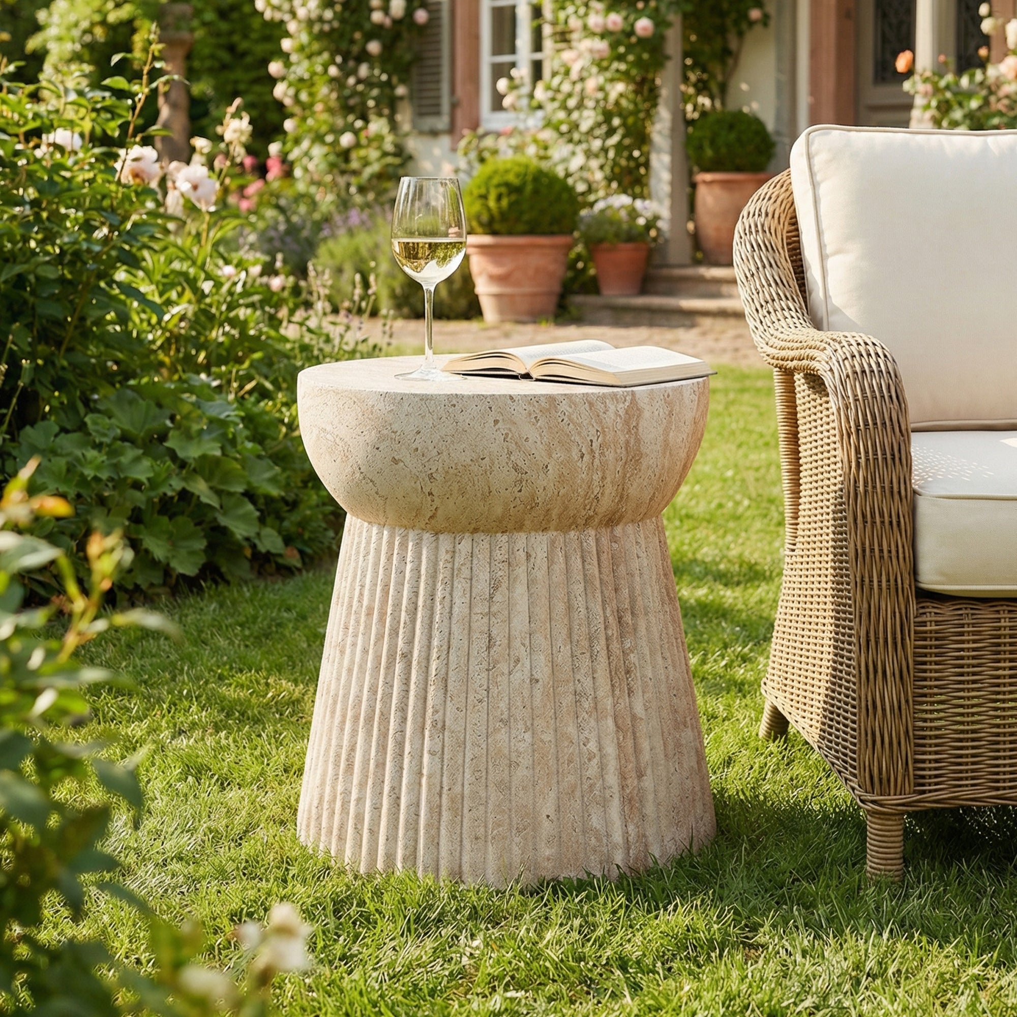 Table d'Appoint de Jardin Design Minéral - 38x38x43cm - Tabouret Bas en Magnésie Effet Pierre - Résistant UV & Intempéries - Naturel - 2