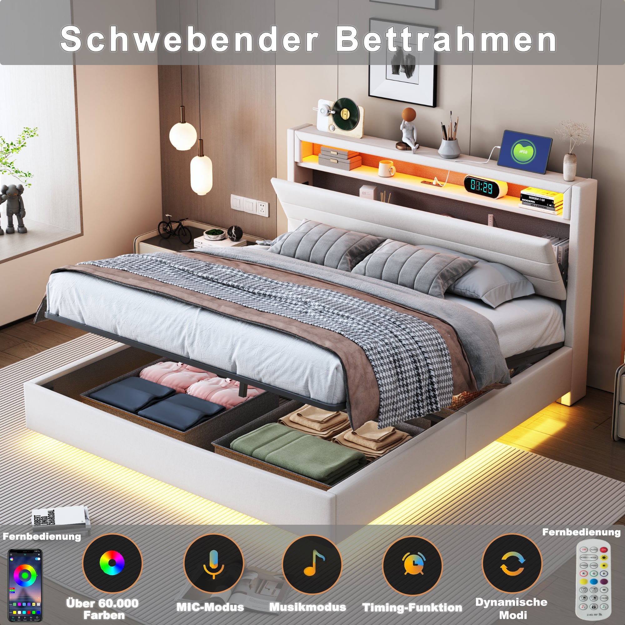 Lit coffre 160 x 200 cm avec tête de lit coffre et compartiments - LEDs et prise USB - Tissu en lin - Beige - 7
