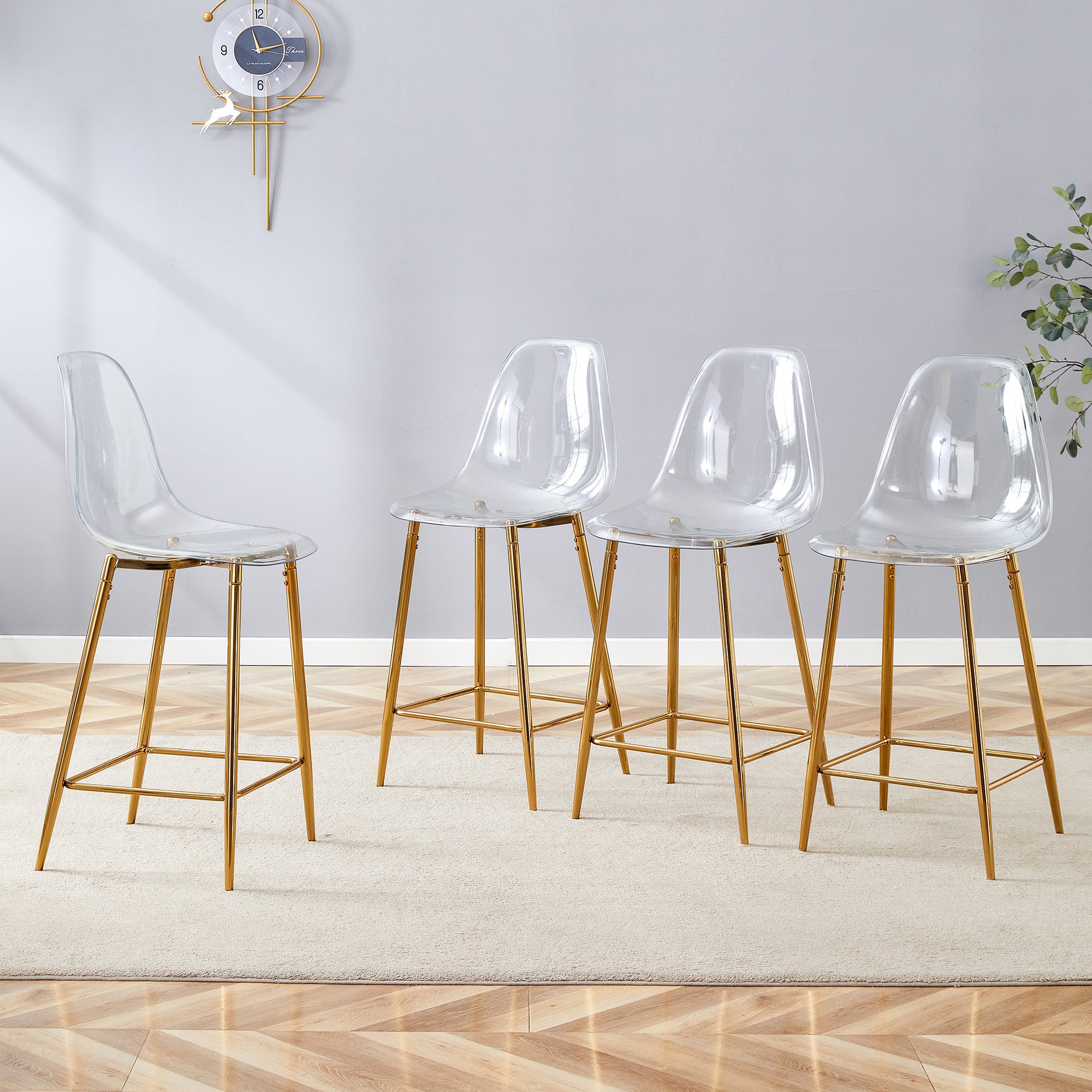 Ensemble de 4 tabourets de bar transparents, structure en métal argenté ...