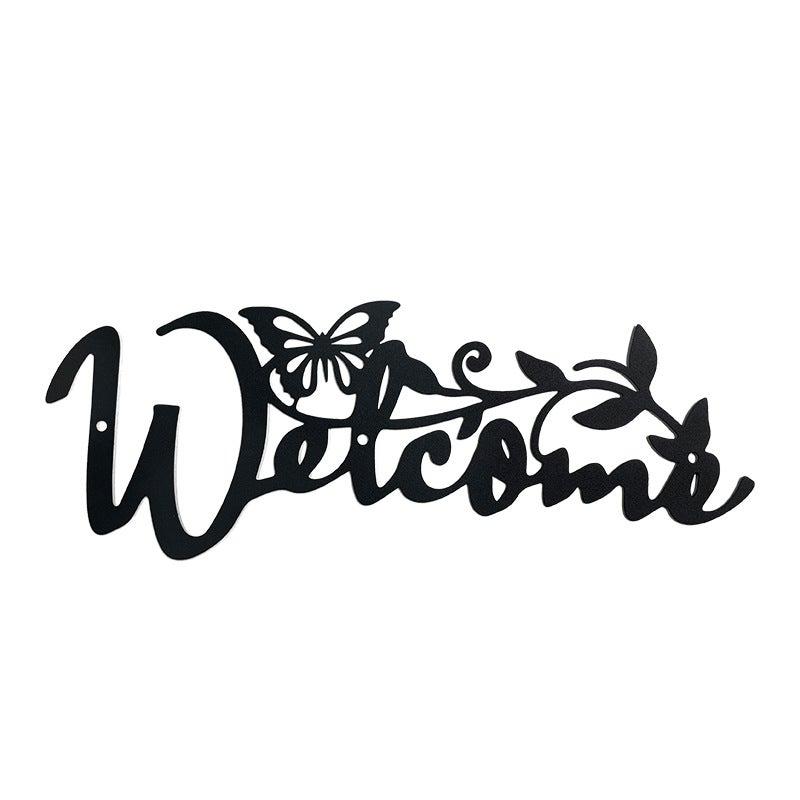 Metalowa dekoracja ścienna z motywem motyla Welcome, czarna sylwetka dekoracyjna do zawieszenia, 11 x 30 cm