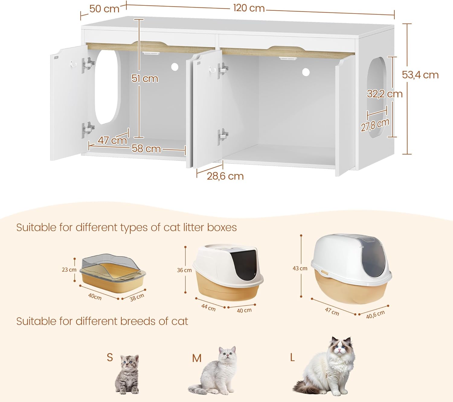 Armário para caixa de areia para gatos para 2 gatos, com entrada lateral, para ocultar a maioria das caixas de areia, carvalho branco e branco. - 8