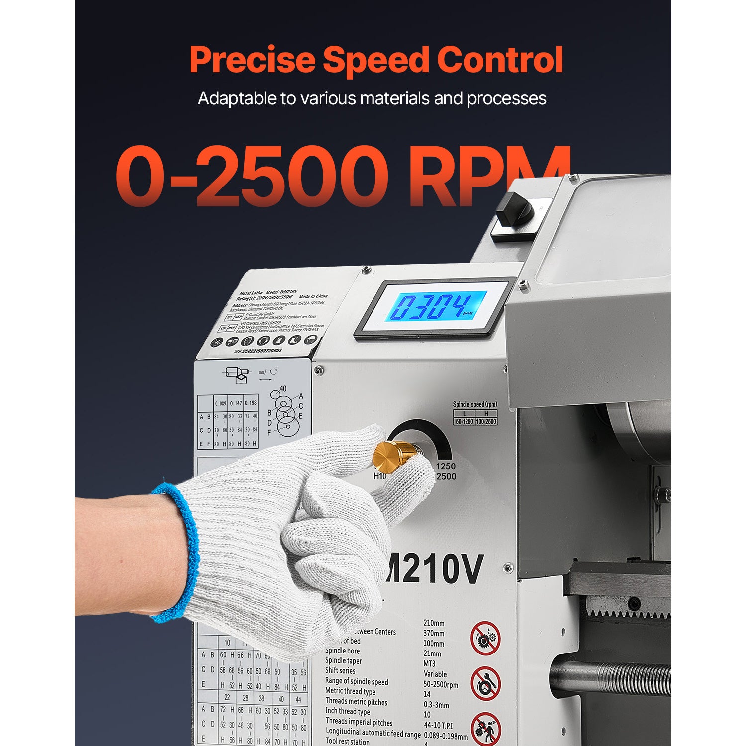 Torno de metal precisão,SucceBuy 210x370 mm,550 W,velocidade ajustável 0-2500 RPM,engrenagens metálicas,adequado para processamento preciso peças - 6
