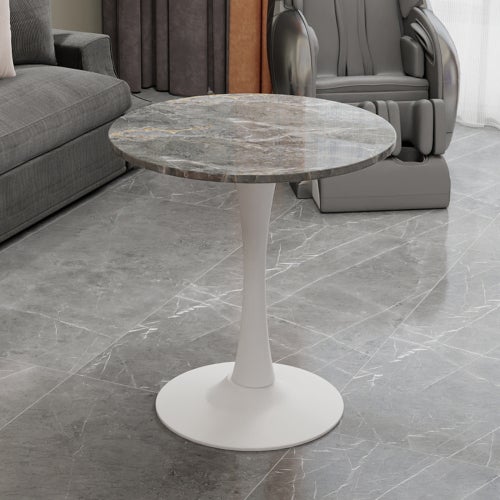 Mesa de café blanca de 27.6 pulgadas, estilo moderno de mediados de siglo, mesa de mármol con vetas gris oscuro, ideal para 2-4 personas y múltiples