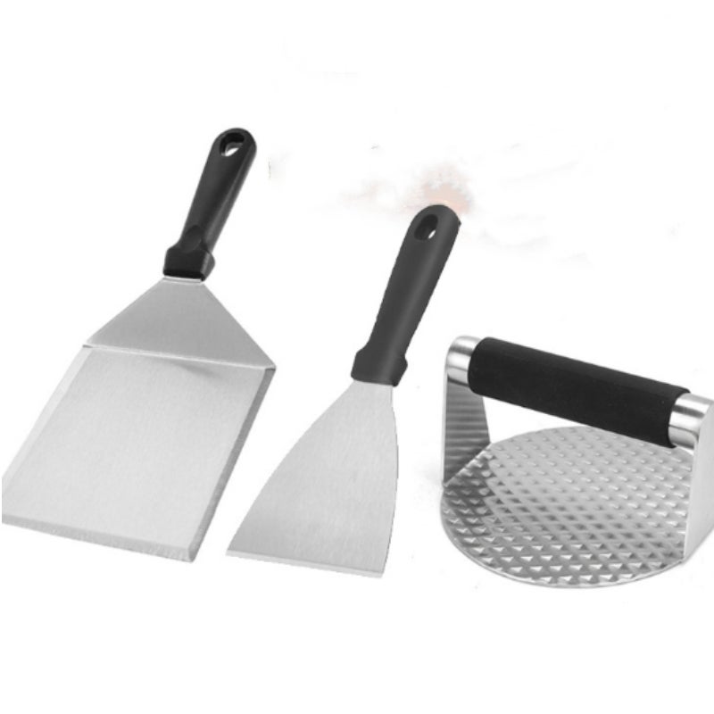 3-częściowy zestaw narzędzi do grillowania na zewnątrz ze stali nierdzewnej, szpatułka do grilla, prasa do mięsa, narzędzia do grillowania