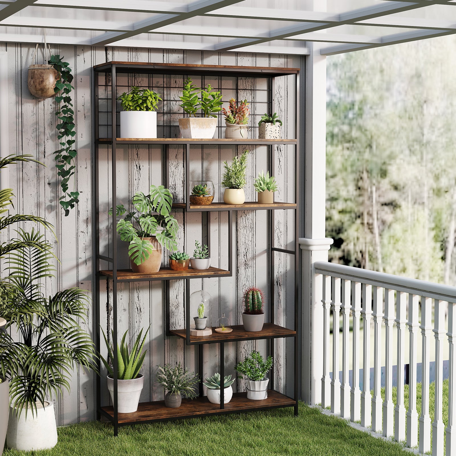 Support pour Plantes à 6 Niveaux, Bibliothèque Haute avec Filet en Métal, pour Salon Terrasse, 100 x 30 x 180 cm, Brun Rustique - 2