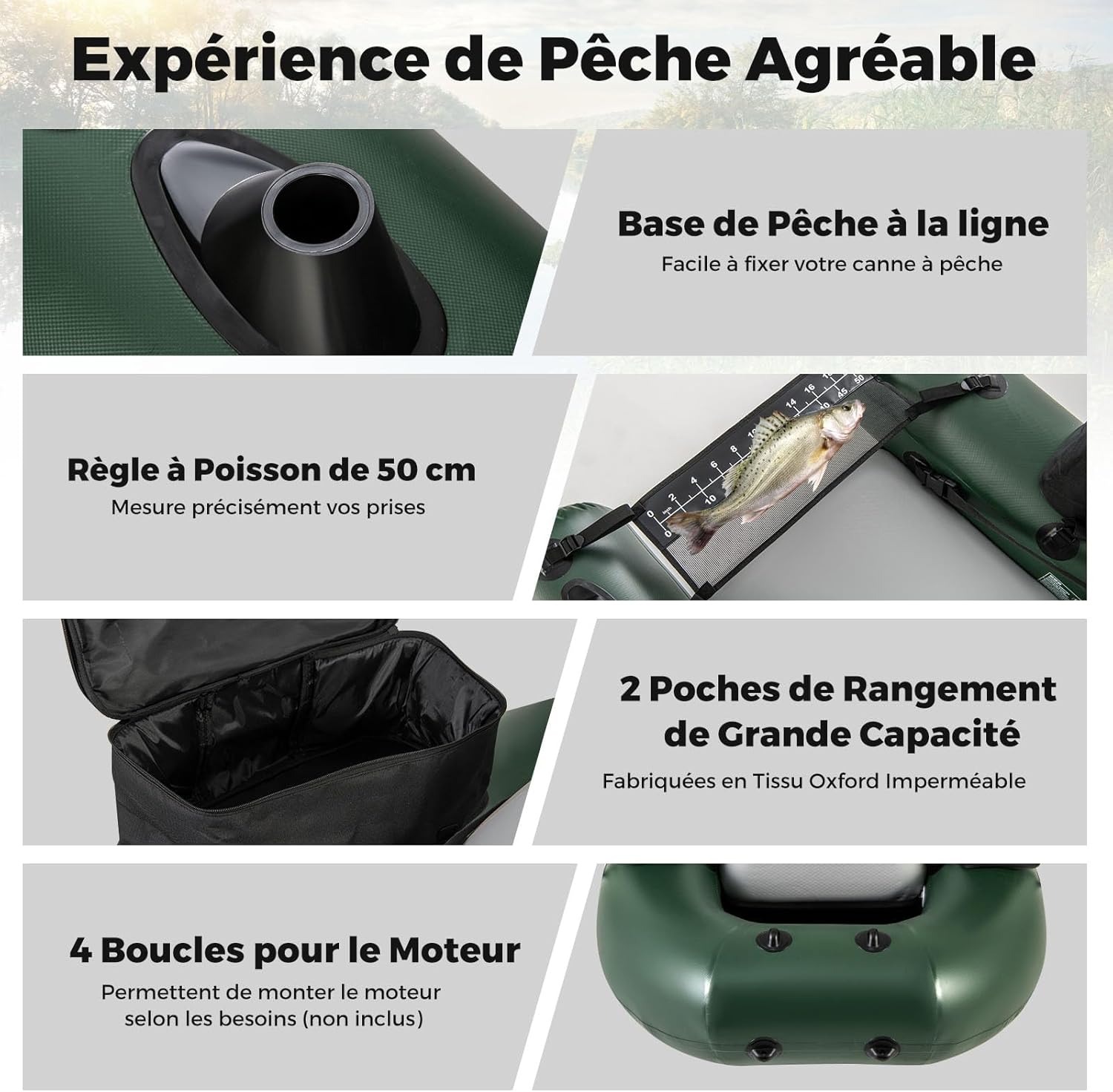 Bateau de Pêche Gonflable avec 3 Chambres à Air, Bateau Gonflable avec Règle à Poisson 2 Poches de Rangement Pompe, Charge 100 KG, Camouflage - 4