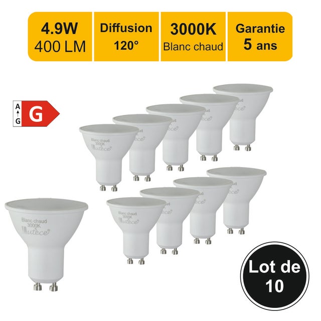 Lot de 10 ampoules LED GU10 4,9W - 120° - 400Lm 3000K - garantie 5 ans