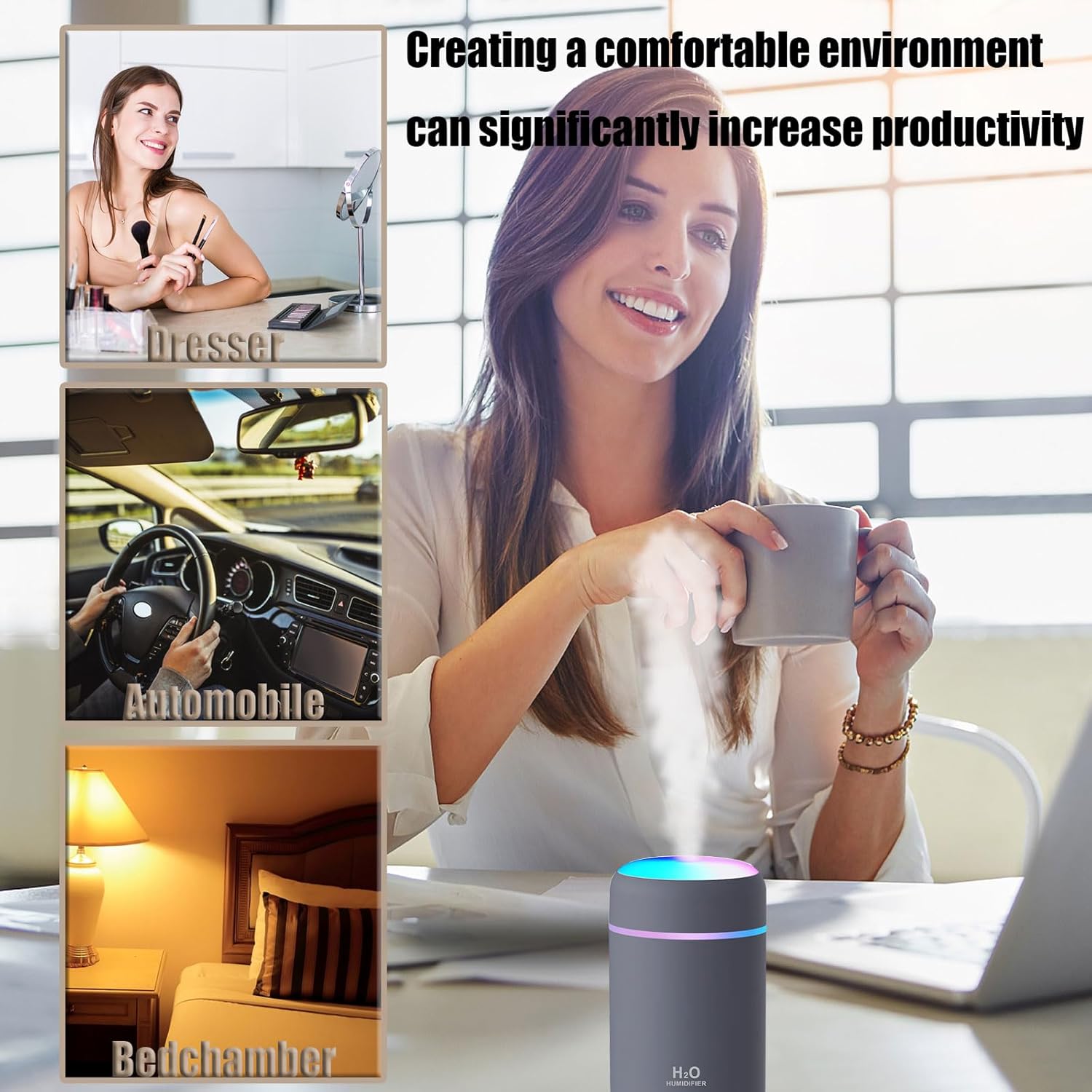 Mini humidificador, humidificador recargable de 300 ml con luz LED nocturna de color, 2 modos de niebla, <30 dB, para automóvil, oficina, hogar (gris) - 6
