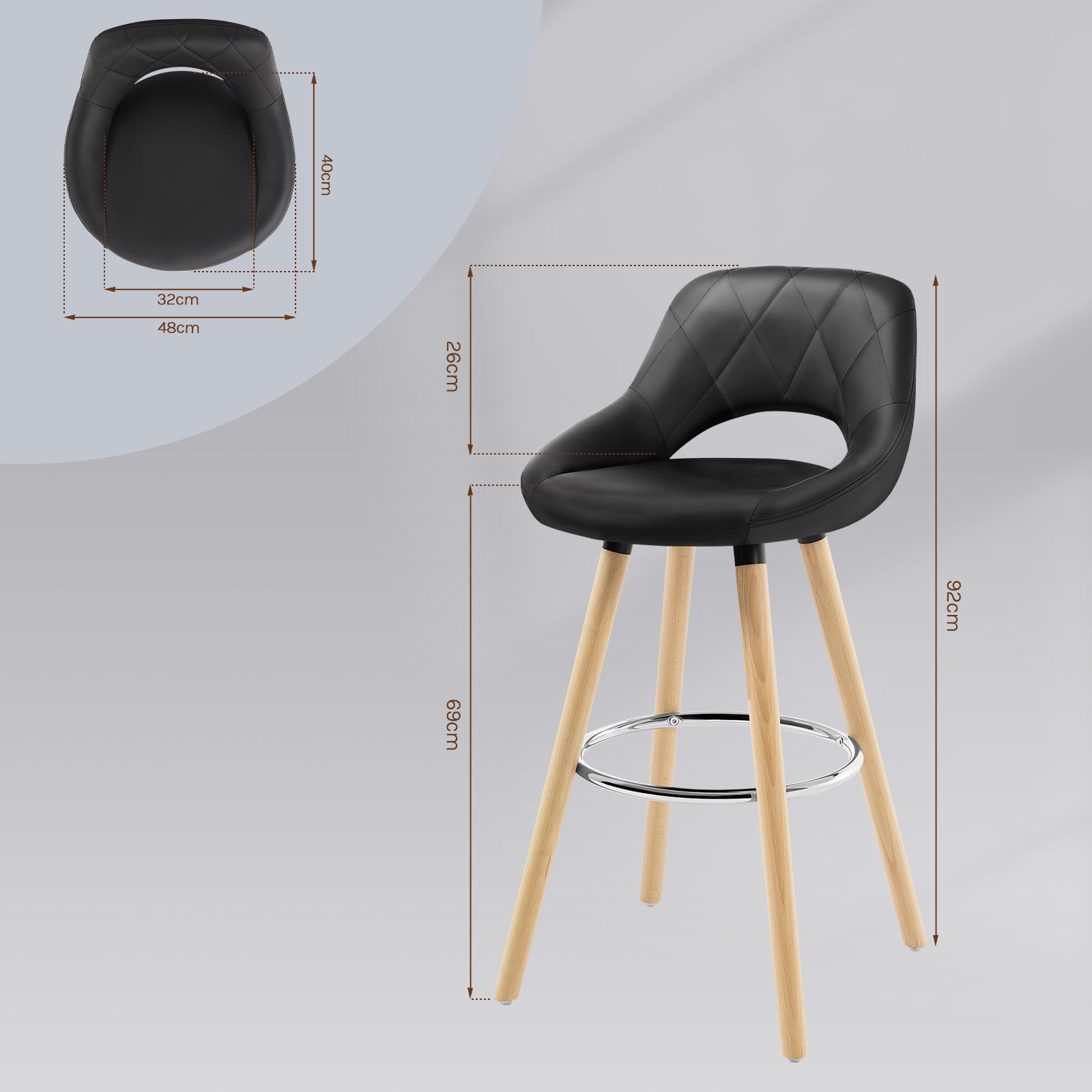 Lot de 2 Tabouret de bar avec dossier et repose-pieds WOLTU, Fait de similicuir et bois massif, Siège bien rembourré, 43x43x91cm, Noir - 3