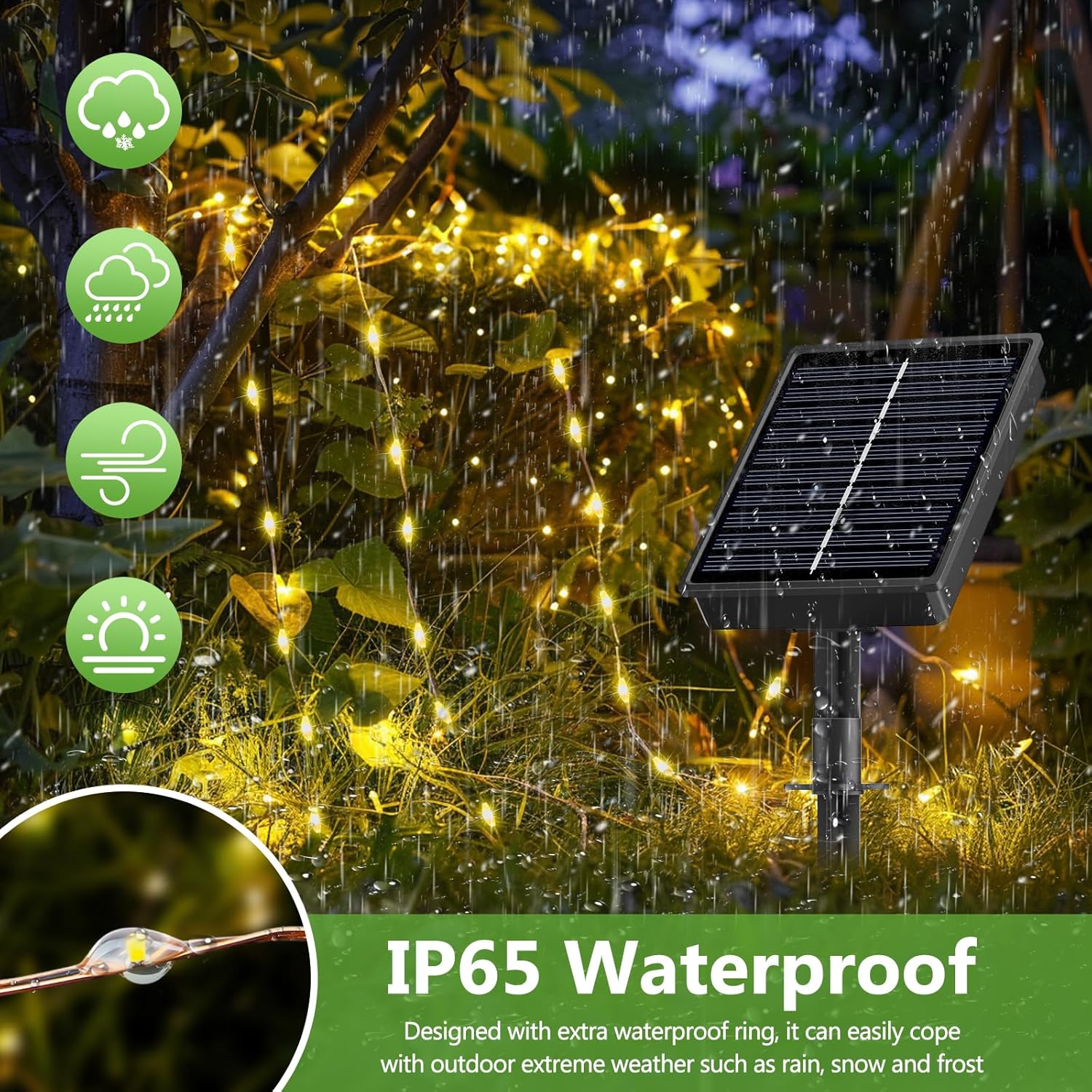 Cordão de Luzes Solares para Exterior, 2 x 10 m, 100 LED, À Prova D'água, Luz Branca Quente, 8 Modos de Iluminação - 4