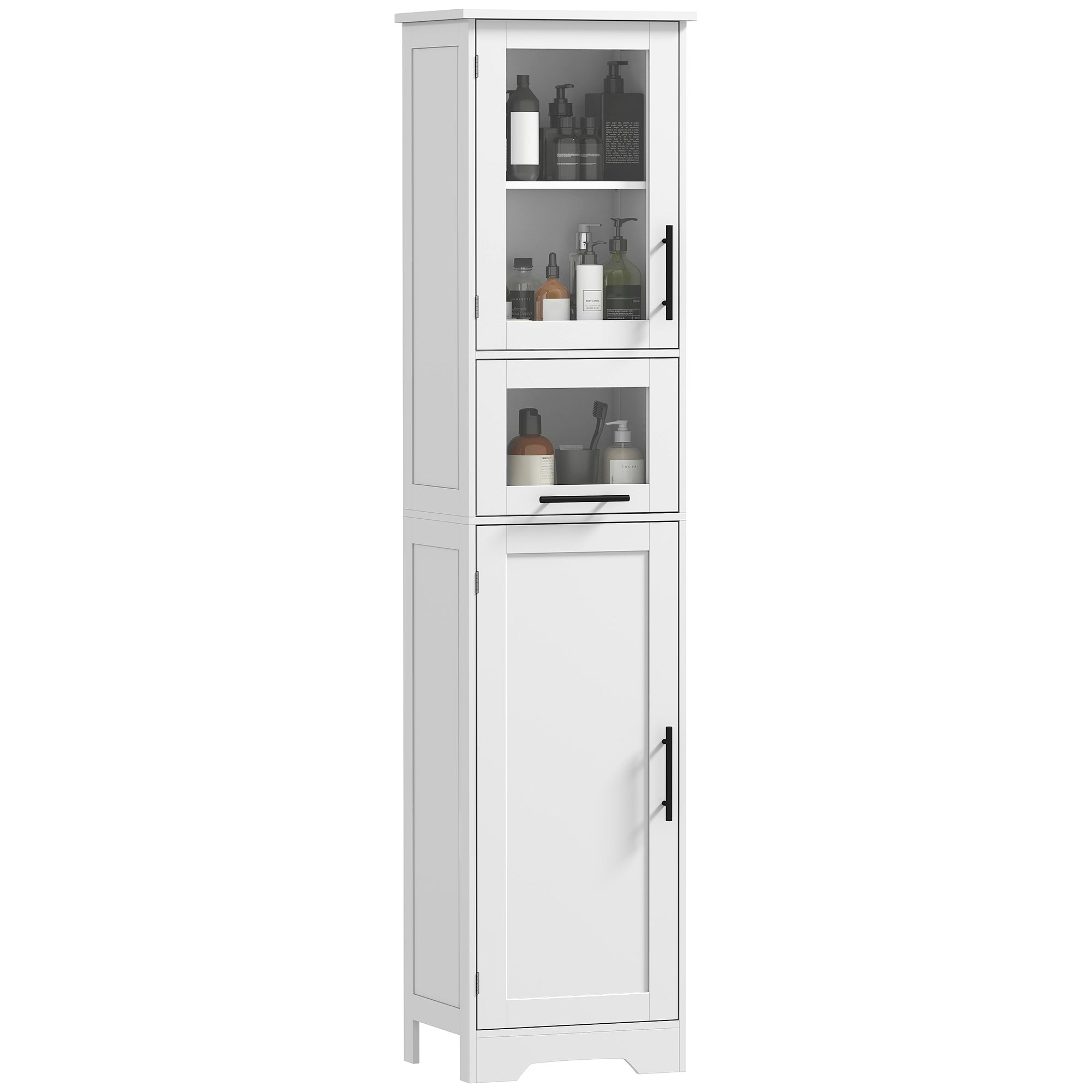 Columna baño blanca 40x31x170cm puerta cristal estantes regulables cajón