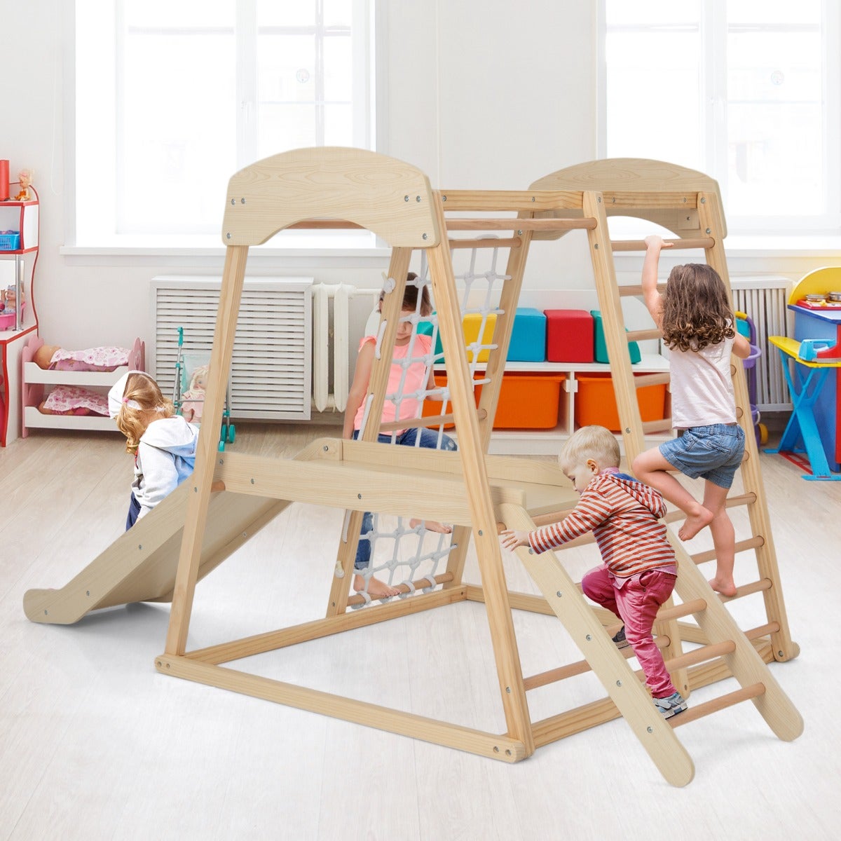 SOFTHOM Maxi Aire de Jeux intérieure, 10 en 1 Multifonctionnel Aire de Jeux intérieure pour Enfants, Montessori Ensemble d'escalade AVCE Skateboard, Balançoire, Planche d'escalade, Mur d'escalade