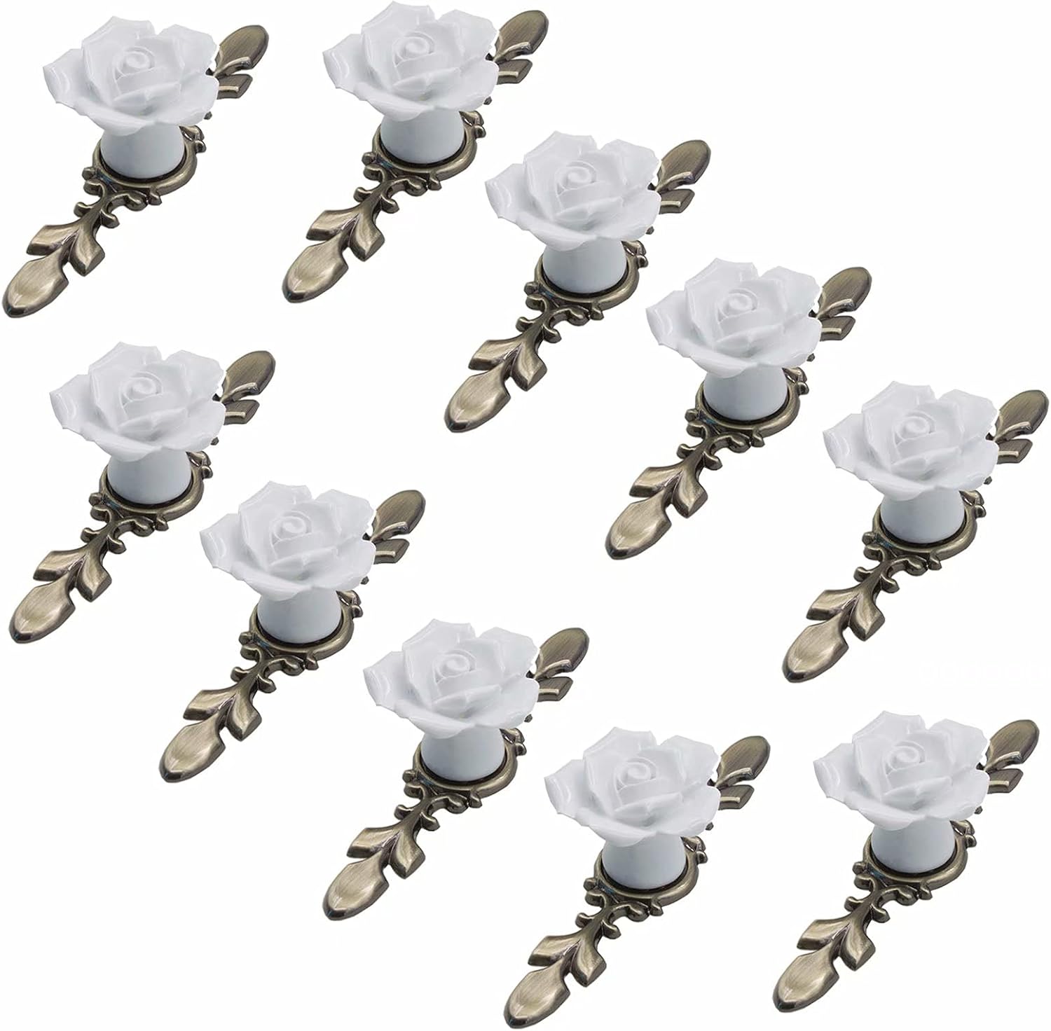Komplet 10 uchwytów meblowych ceramicznych, średnica 41 mm, wzór rozety, szyld z brązu, kolor biały, długość 118 mm