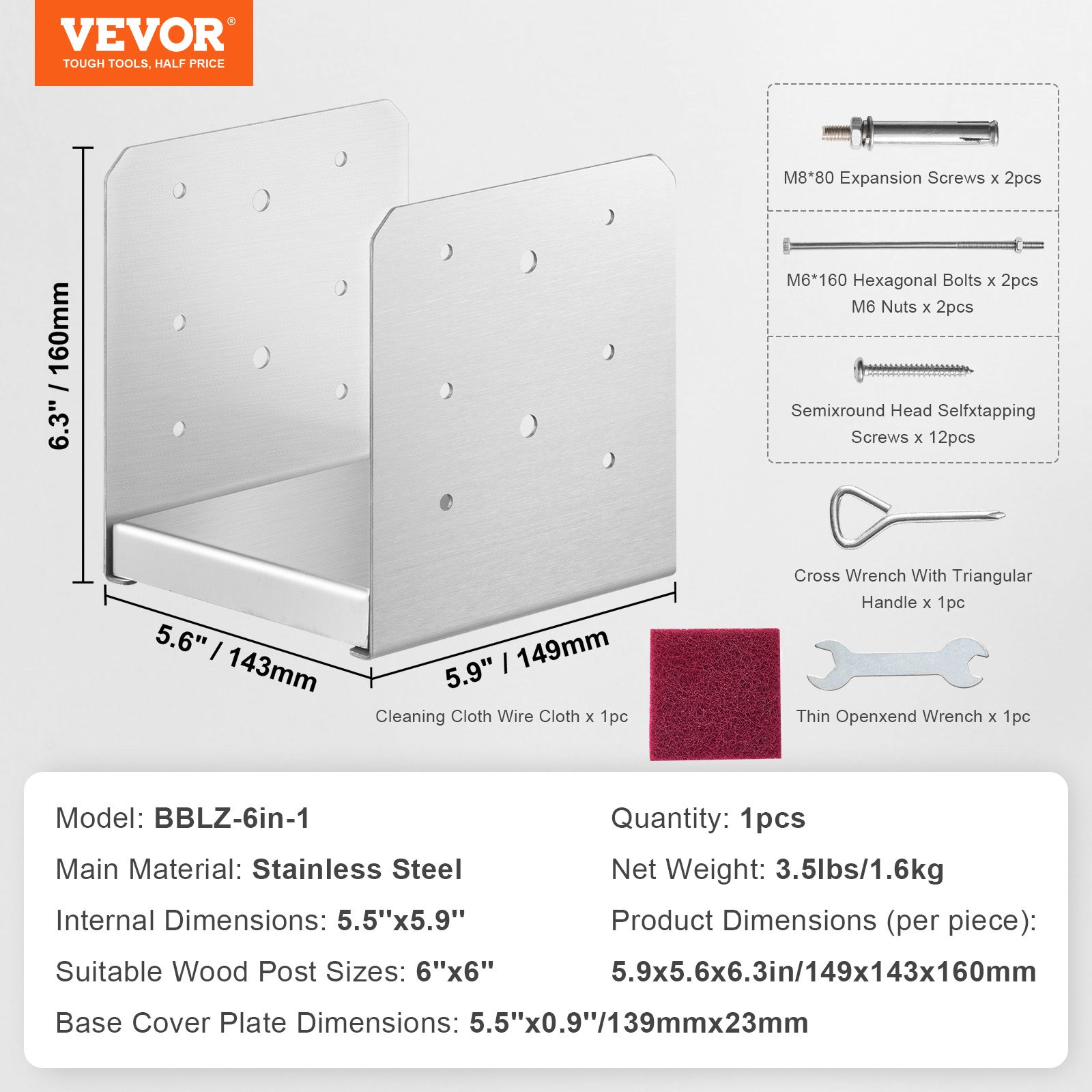 Support de Poteau VEVOR 6''x6'' 152x152 mm Base deAncrage Poteaux Acier Inoxydable Taille Interne 140x150 mm avec Accessoire pour Rambarde, Main - 7