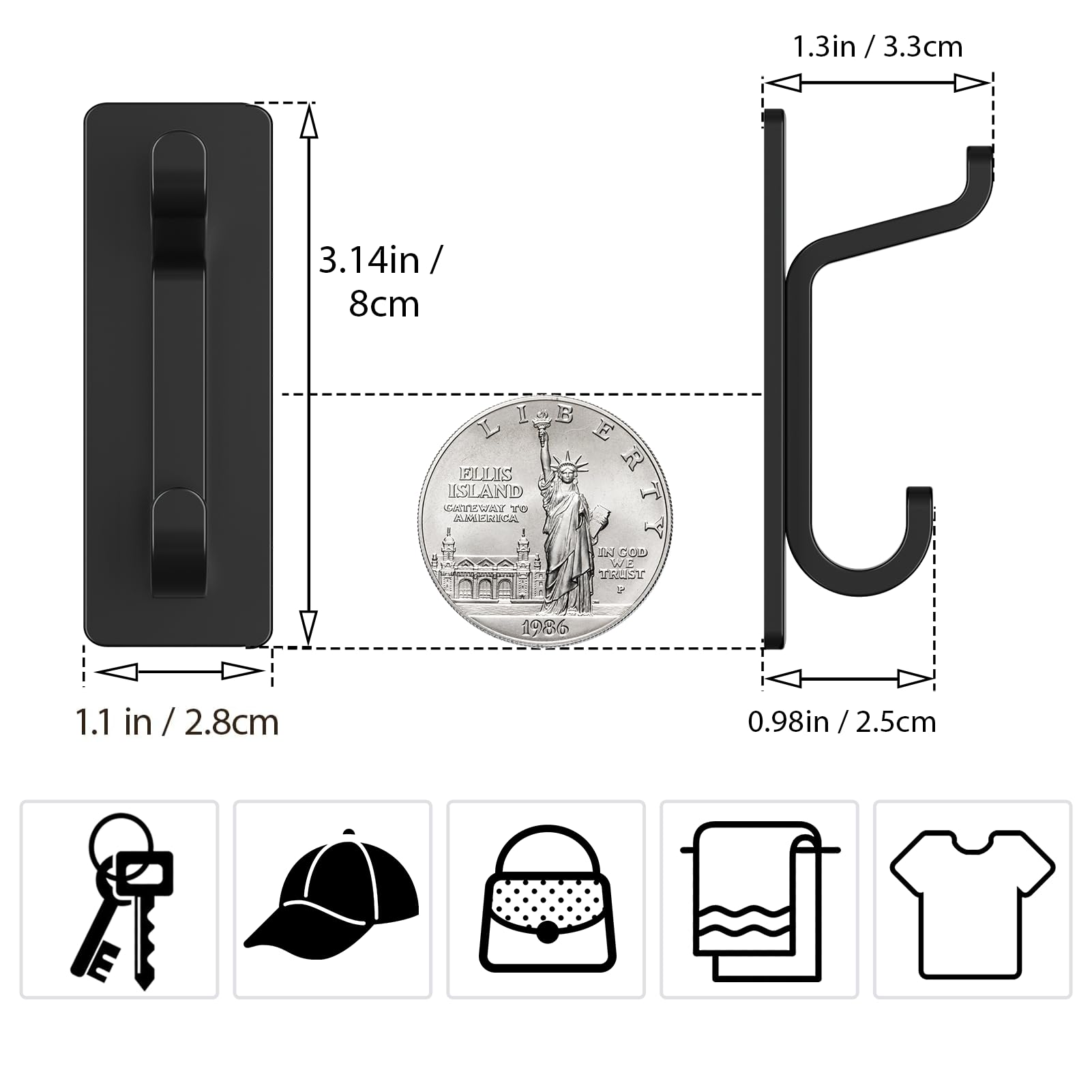 Ganci Adesivi In Acciaio Inox Porta 3,6 Kg - Doppio Gancio Nero - Senza Fori Per Bagno, Cucina E Parete - 2
