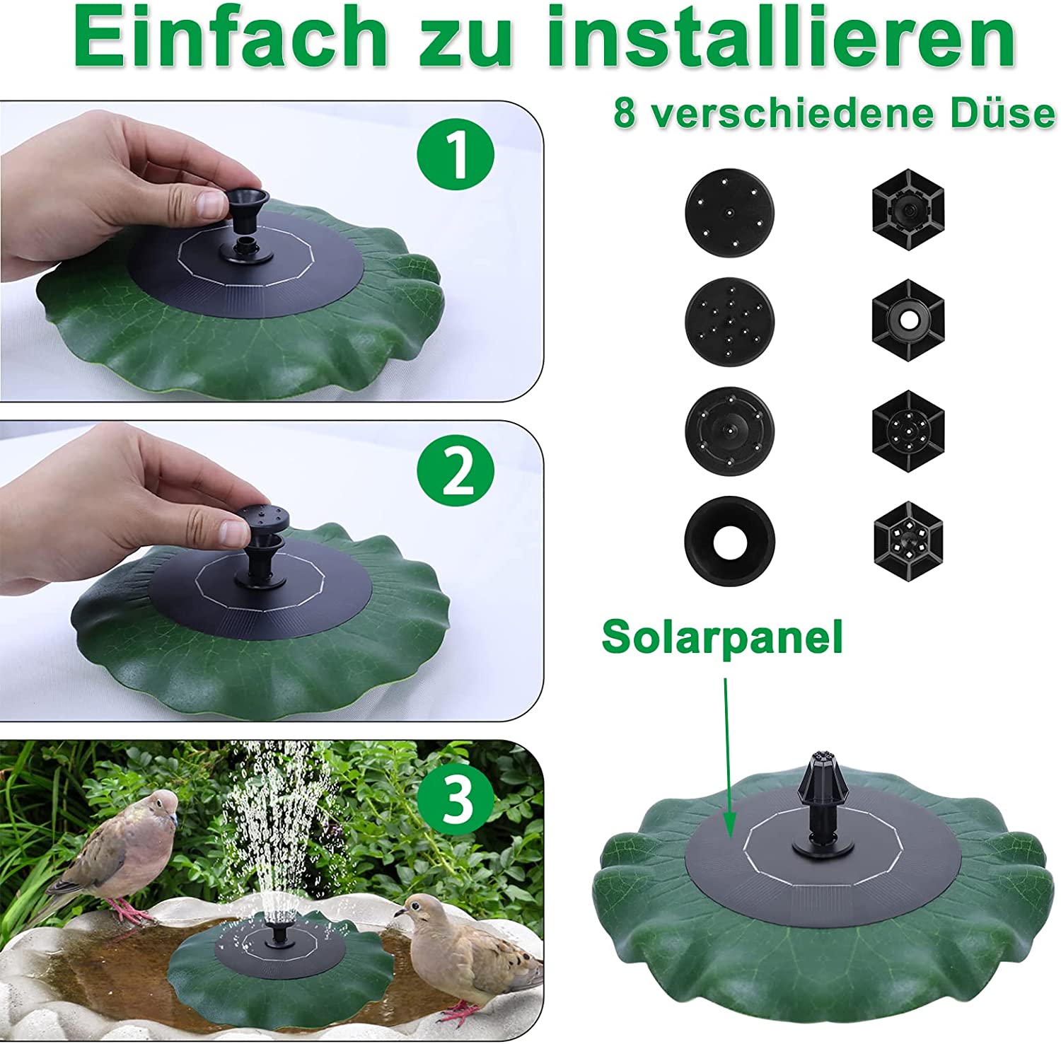 Fontaine Solaire - Pompe à Eau Solaire - Décoration en Feuille de Lotus avec Buses de pulvérisation - Pompe Solaire de 1,4 W - pour Jardin - 3