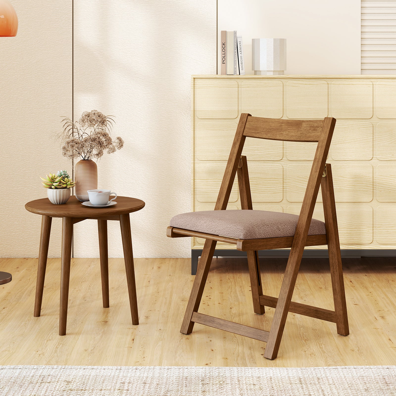 Lot de 2 Chaise Pliante avec Dossier Courbé, Chaises de Salle à Manger Rembourrées, Structure en Bois de Caoutchouc, pour Salon, Charge 150 kg, Café - 3