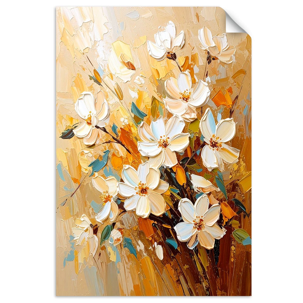 Naklejka na ścianę do salonu sypialni, Białe Kwiaty efekt farby olejnej 40x60
