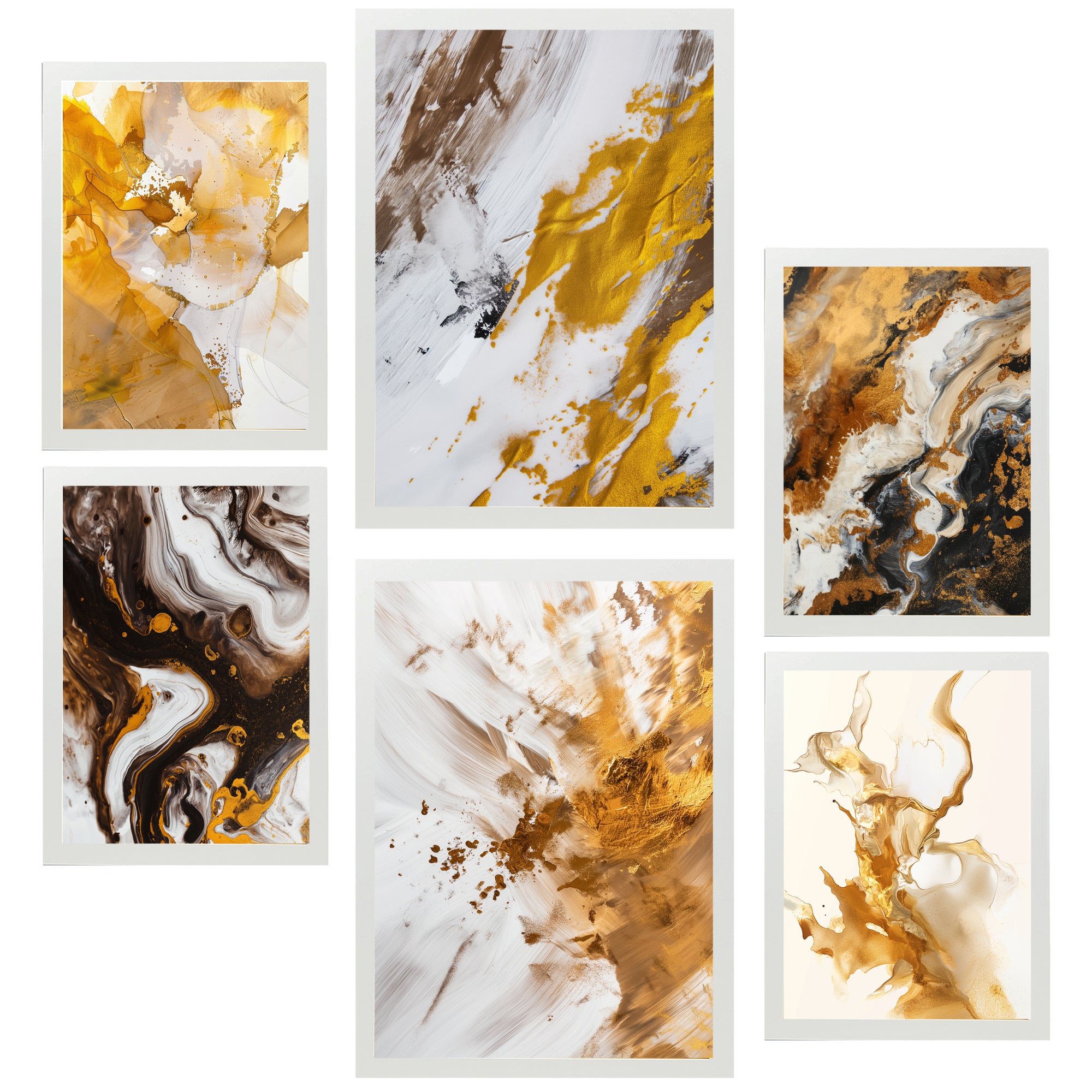 Set de 6 abstract colors brown white gold shapes cuadros con ilustración de diseño para decorar las paredes del hogar. tienda. a3 y a4. marco blanco