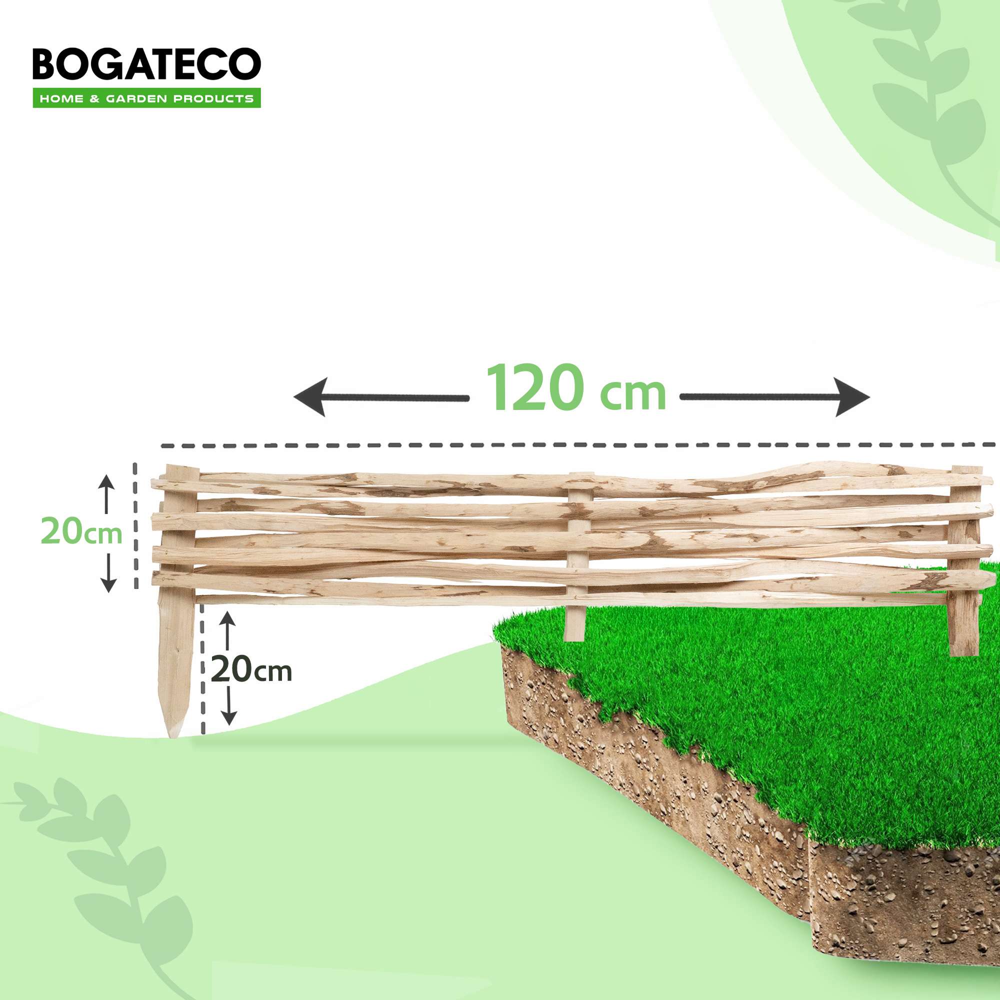 BOGATECO Lot de 3 Bordures de Jardin en Noisetier Naturel - Longueur 120 cm - Hauteur 20 cm - Clôture à Planter - Support de Parterre en Bois - 2