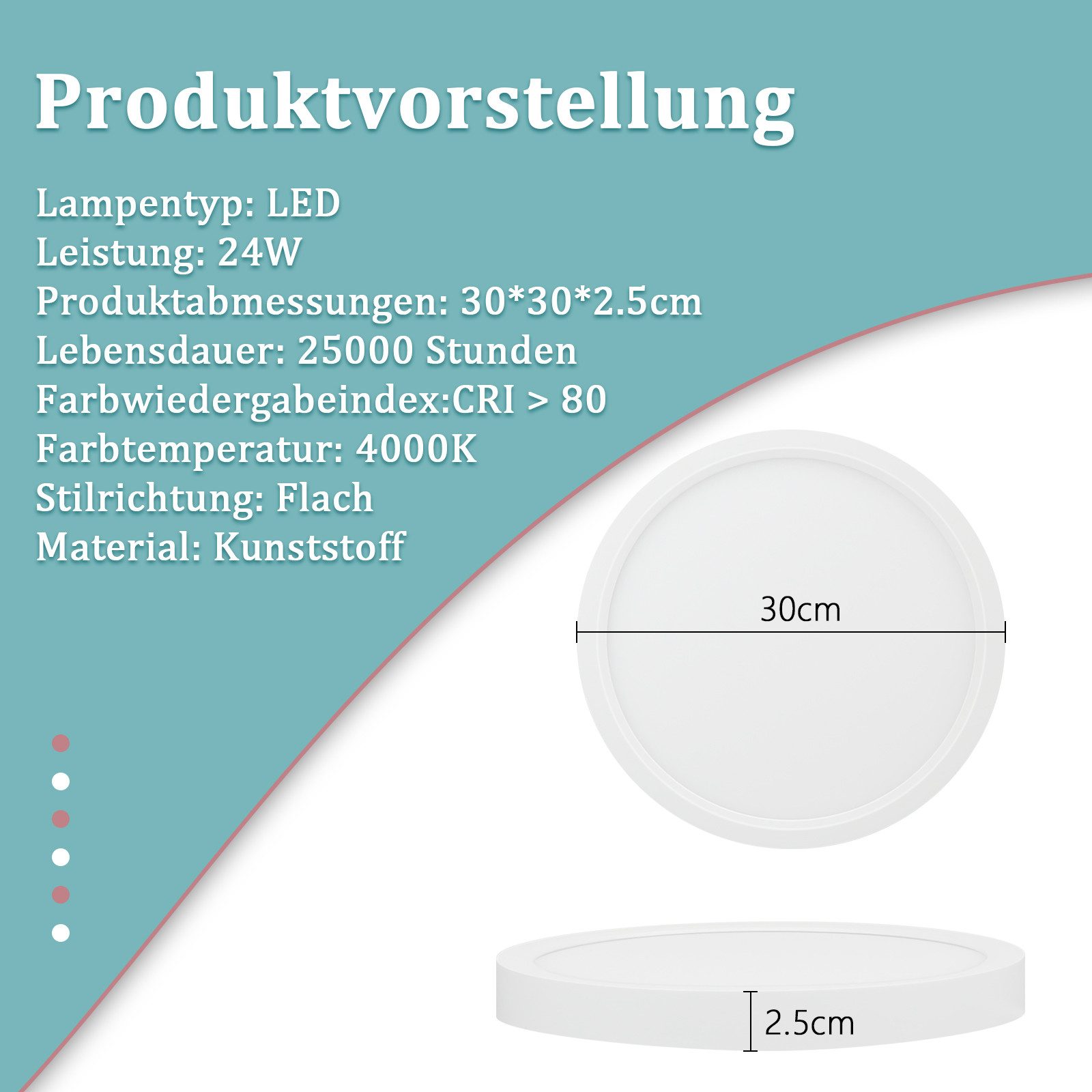 NETTLIFE Lámpara de Techo LED 24W 4000K 30cm Dormitorio Diámetro Plano Lámpara Redonda Blanca para Cocina Baño Pasillo - 3