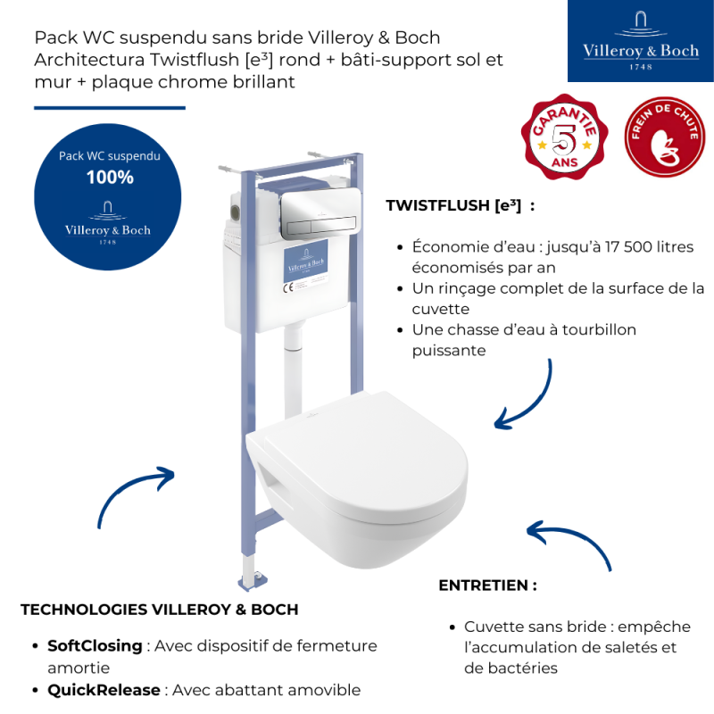 Pack WC suspendu sans bride Villeroy & Boch Architectura Twistflush [e³] rond + bâti-support sol et mur + plaque chrome brillant - 3