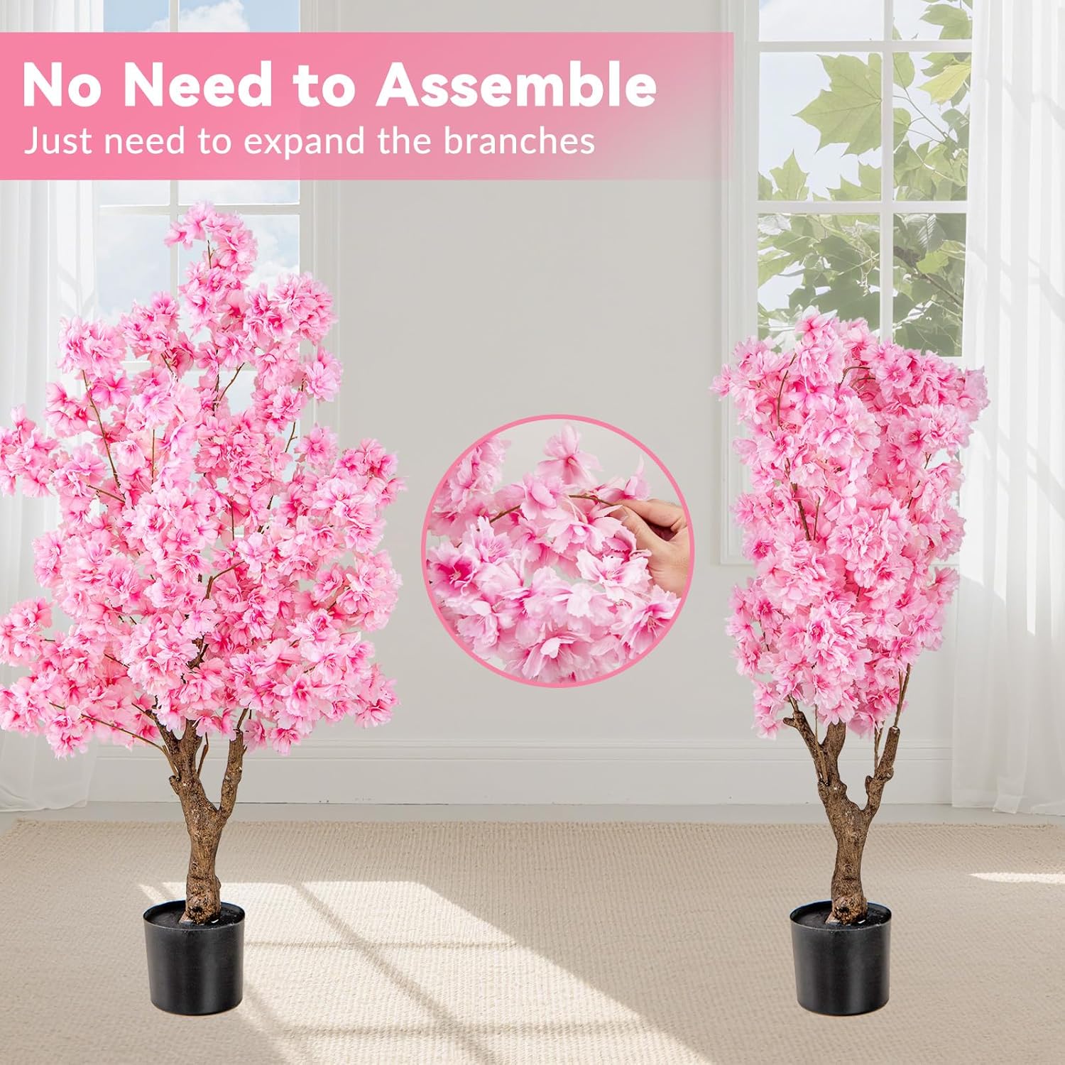 Árvore artificial de cerejeira, altura 118 cm, planta Sakura com 96 flores cor-de-rosa, vaso revestido com cimento, tronco com veios realistas - 7