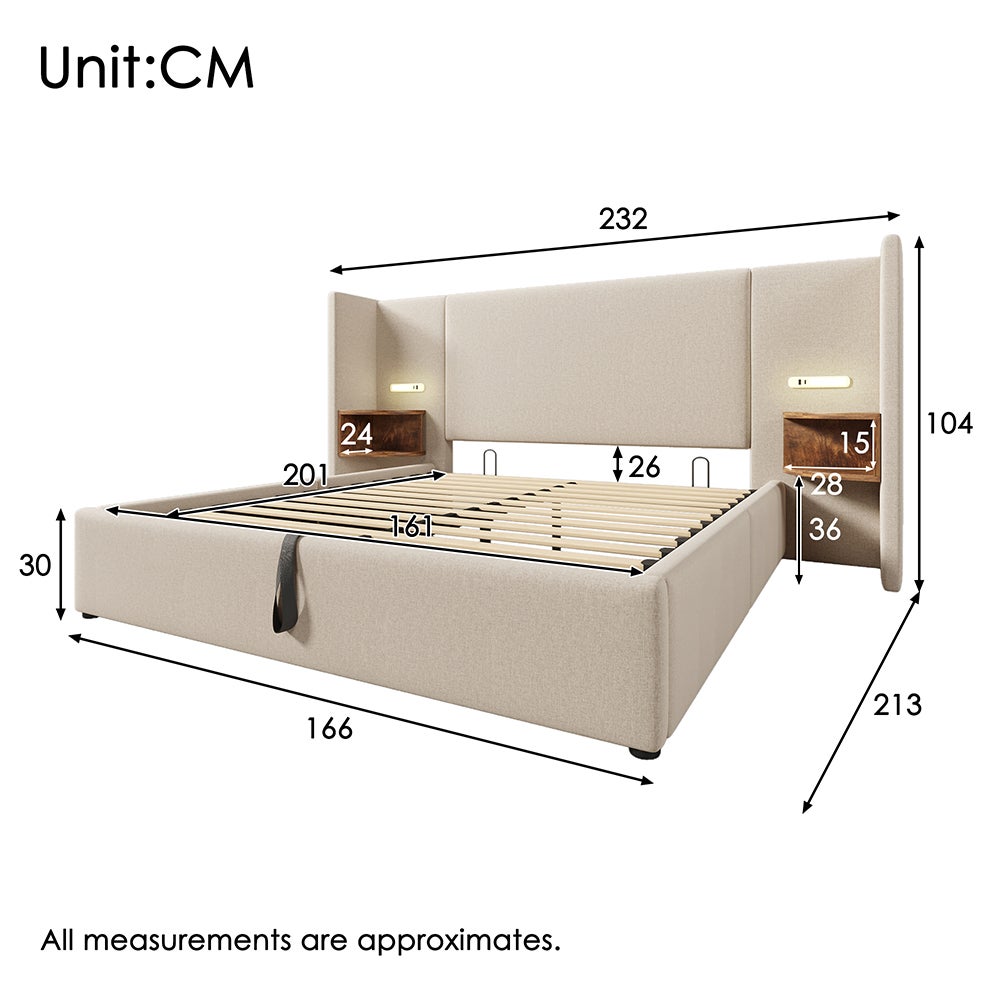Lit double capitonné 160 x 200 avec table de chevet, liseuse et chargeur USB Type-C, beige, lin. - 3