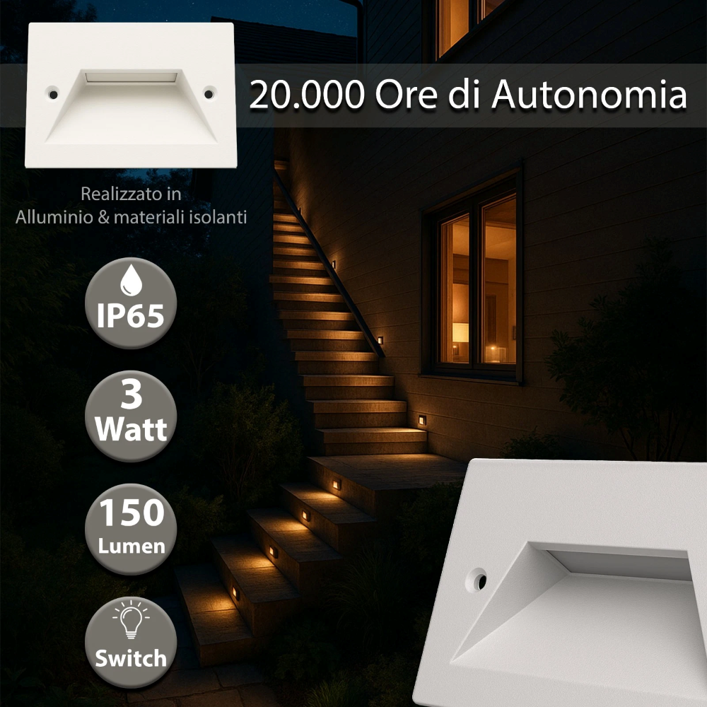 Faretto LED segnapasso da incasso 3W luce regolabile IP65 esterno compatibile con scatola 503 in alluminio opalino in mm H53 L93 P35 Bianco - 5