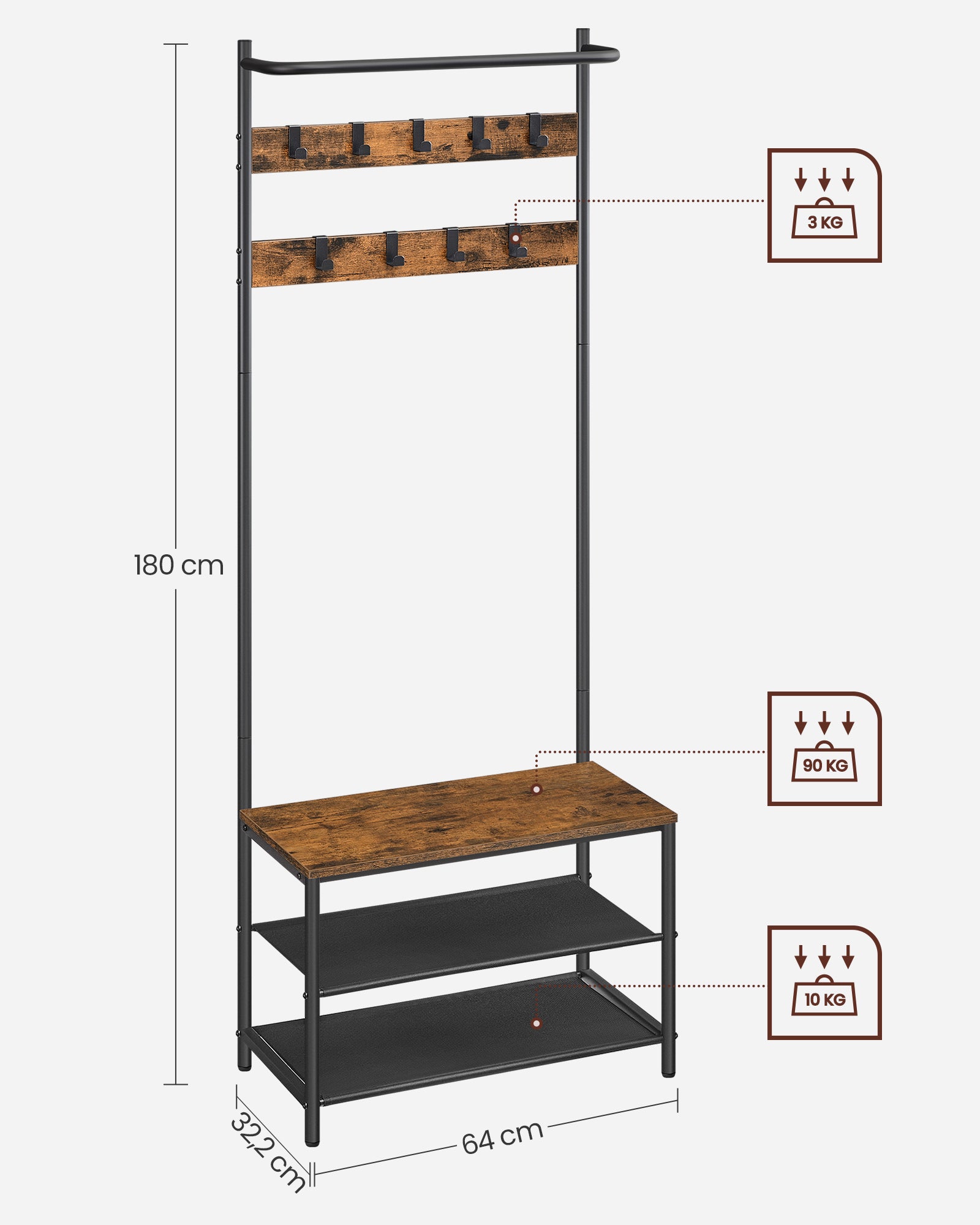 Vestiaire D’entrée, Avec Banc Et Étagère À Chaussures, ‎32.2 X 64 X 180 Cm, Style Industriel - 4