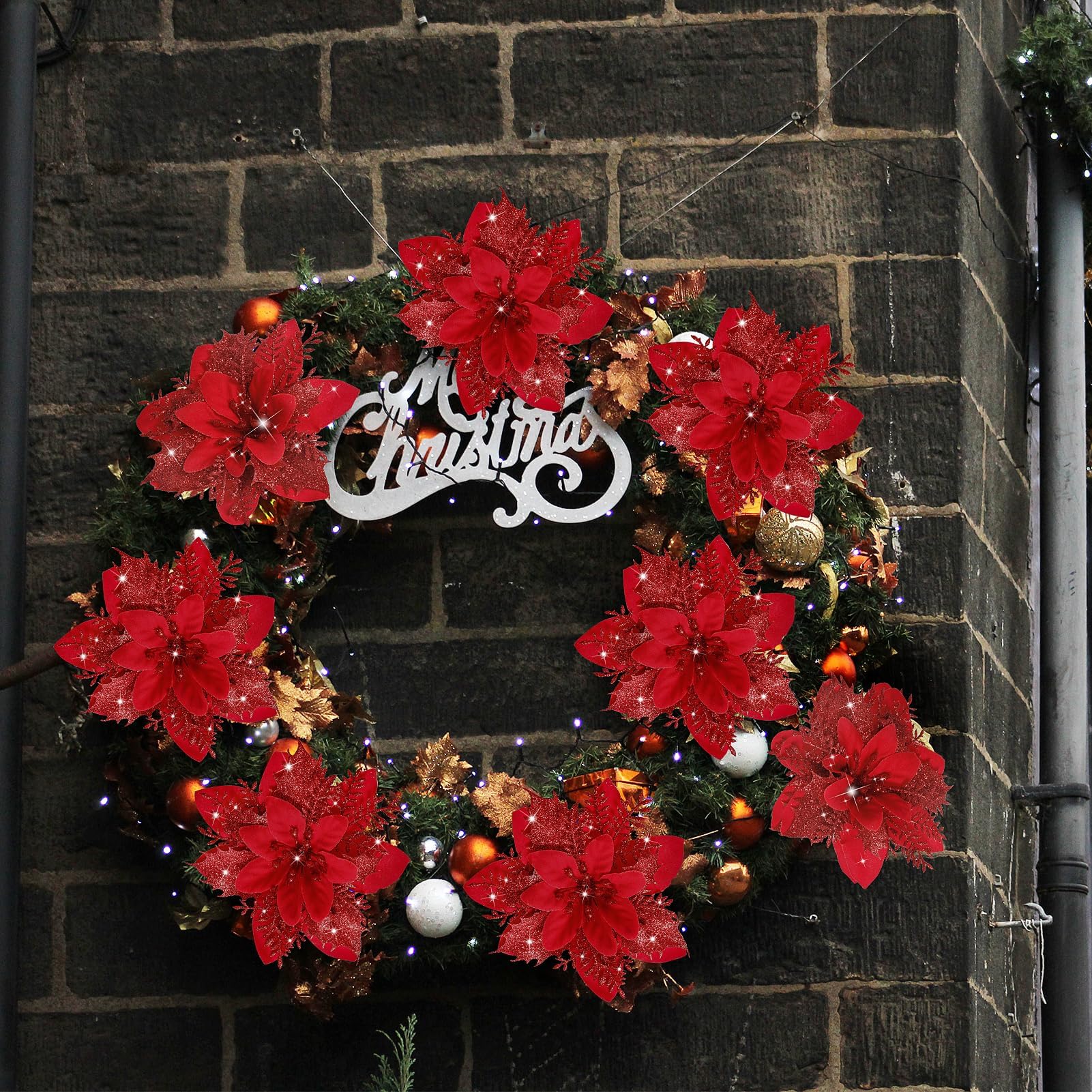 50 pièces décorations de noël, fleurs de noël artificielles avec clips, guirlande d'arbre de noël scintillante pendentifs de fleurs artificielles - 5