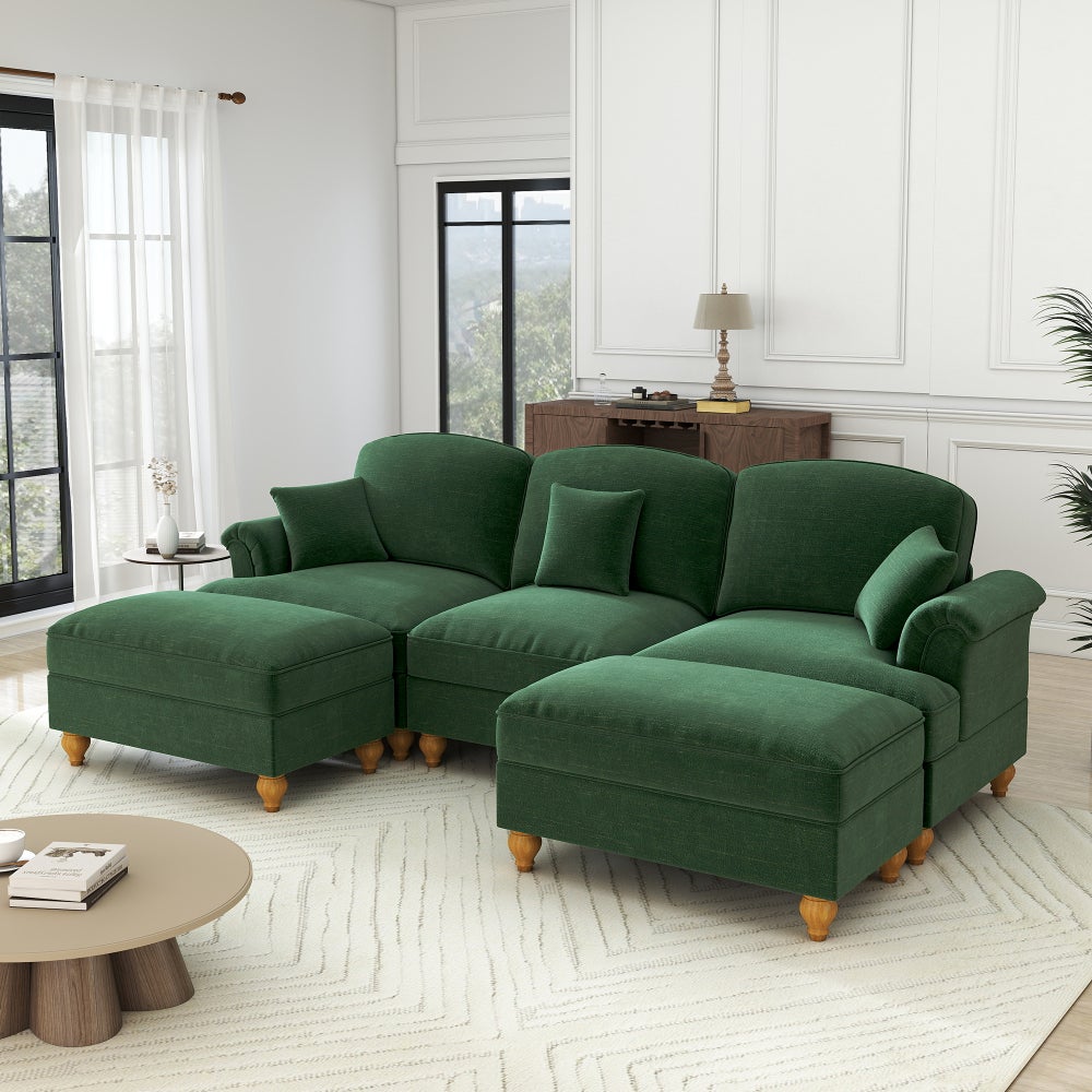 Sofa Cloud, modułowa, w kształcie litery U, z szenili, głęboka, z pufem, zielona