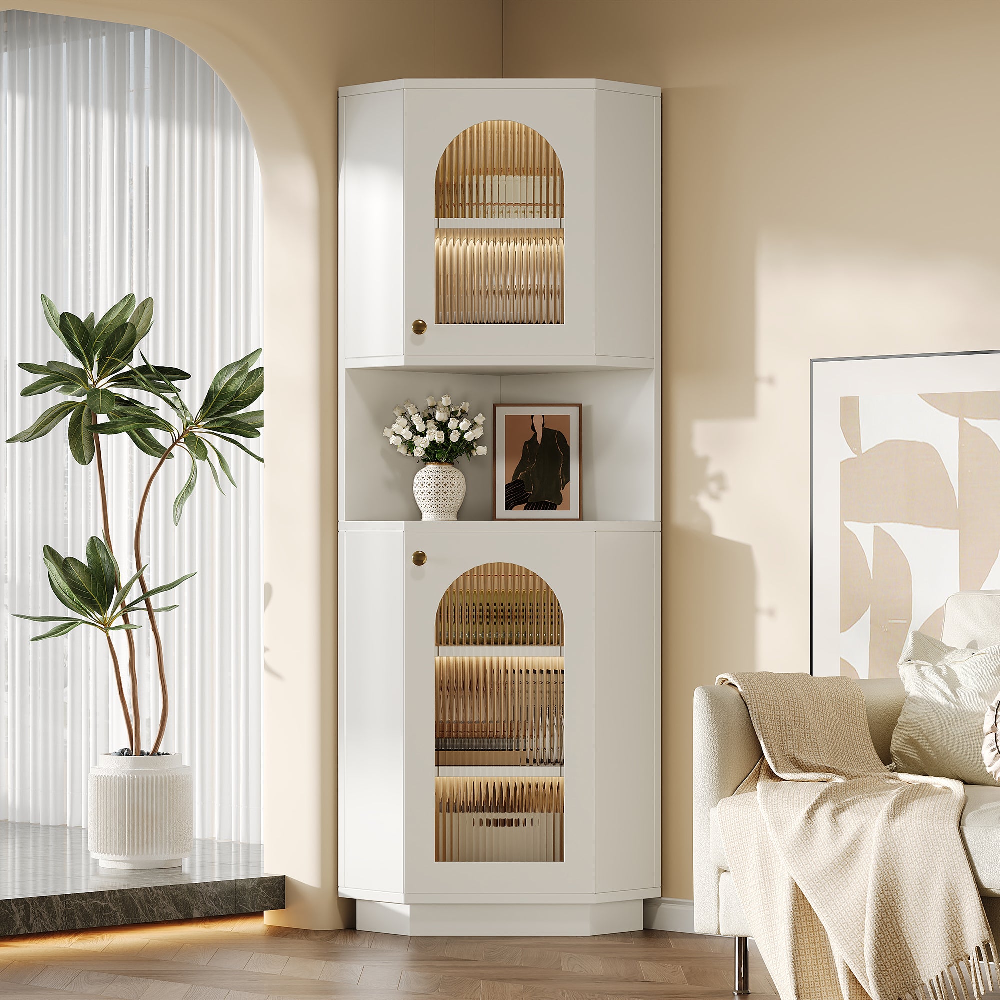 Narożna szafka łazienkowa z 2 drzwiami i 1 wnęką - 45 x 45 x 166,5 cm - Diody LED - Płyta MDF - Regulowane półki - Biała - 2