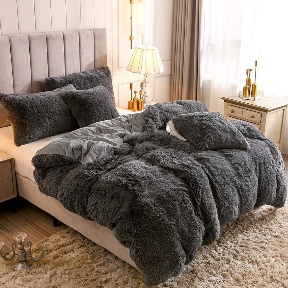 Housse de Couette Peluche 220x240 + 2 Taies 65x65cm - Gris Foncé - 2