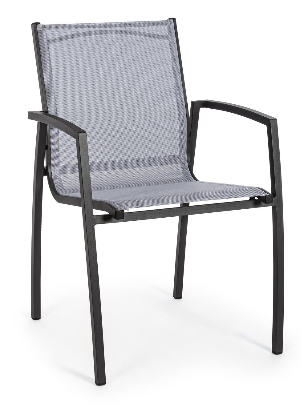 Krzesło "HILLA" w kolorze antracytowym z podłokietnikami, aluminiową ramą i oparciem z tkaniny tekstylnej, sztaplowane.