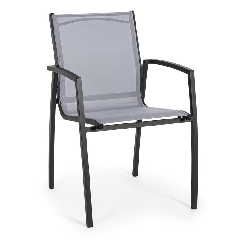 Krzesło "HILLA" w kolorze antracytowym z podłokietnikami, aluminiową ramą i oparciem z tkaniny tekstylnej, sztaplowane.