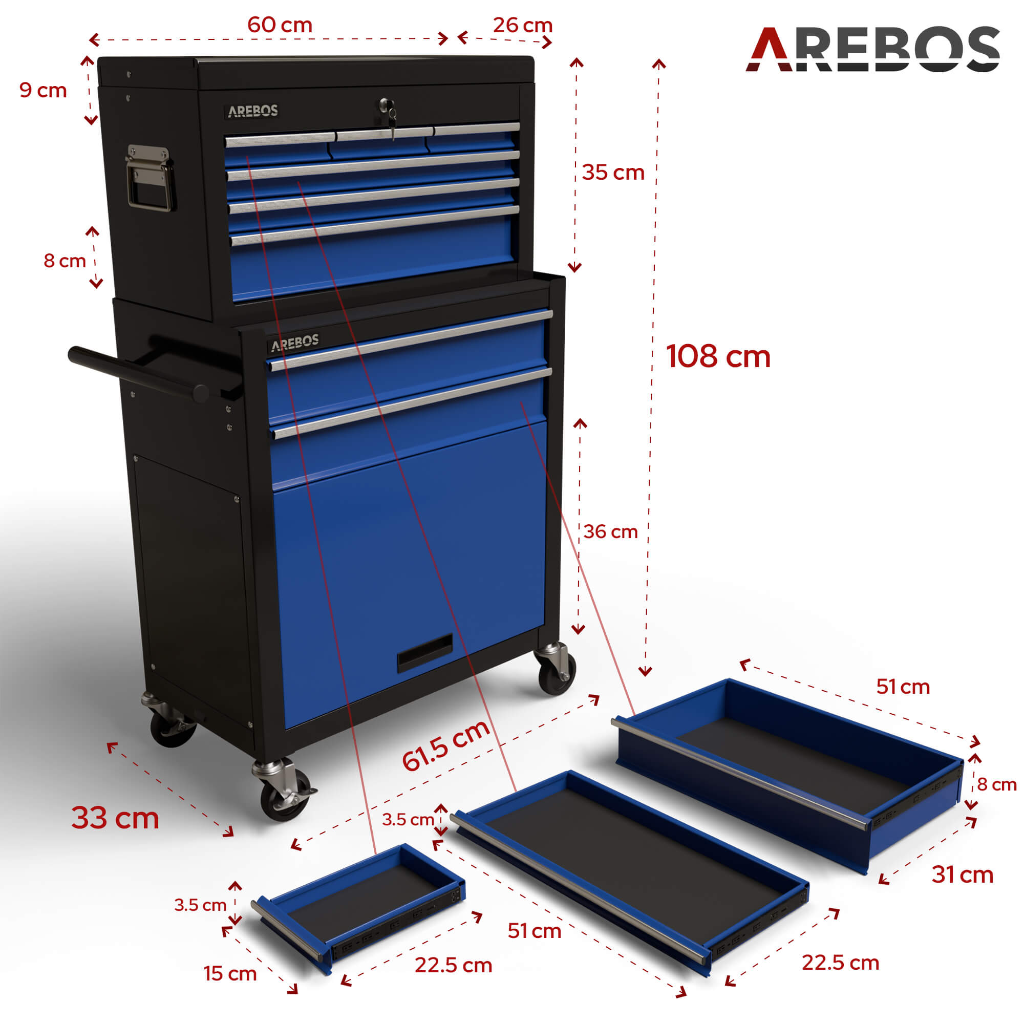AREBOS Servante d'atelier à 9 tiroirs Chariot Caisse à Outils Amovible Noir-Bleu 33 x 61.5 x 108 - 9