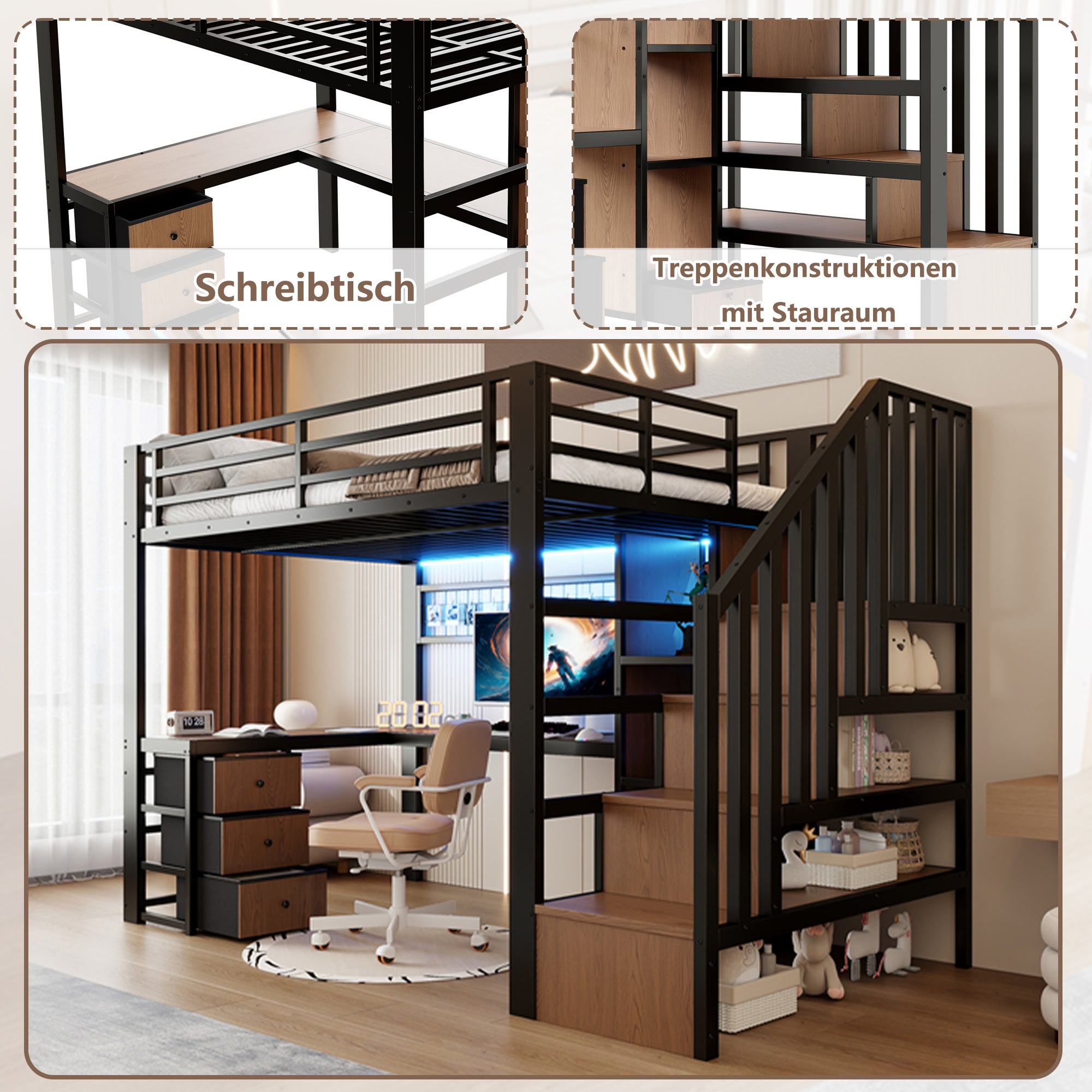 Lit mezzanine 90 x 200 cm avec bureau intégré, Lit simple structure en fer avec penderie LED, 4 tiroirs et escalier de rangement, sans matelas, Noir - 8