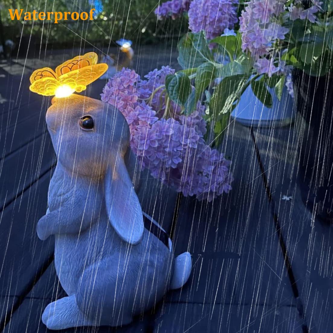 Statue de lapin, ornements de jardin solaire, ornement de jardin extérieur avec lumière solaire papillon, décoration de maison, 15x14x26 cm, gris - 5