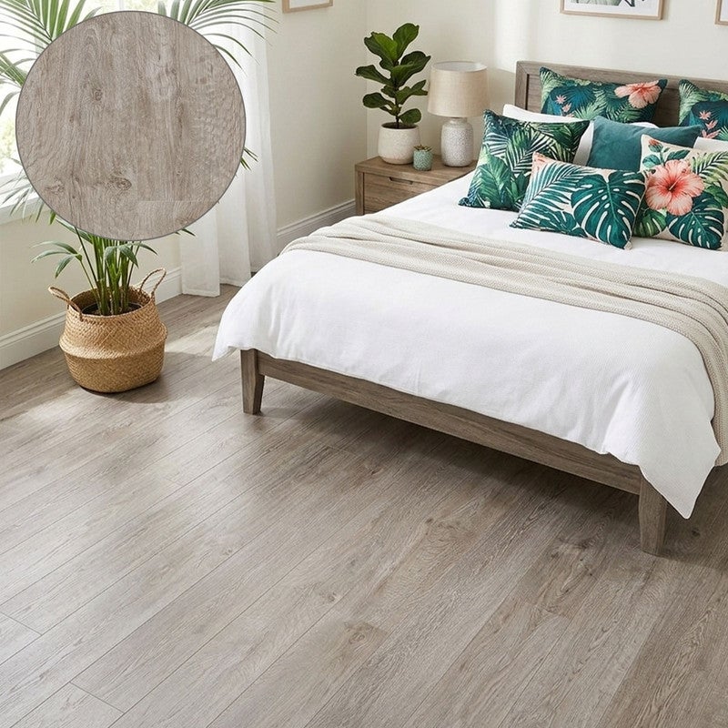Abaco| suelo laminado con bisel v2 / tarima laminada 8mm, resistente al agua, instalación rápida. roble beige grisáceo