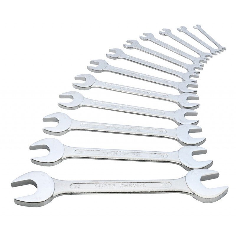 12 Clés Fourche Acier Chromé - Tailles 6x7 à 27x32mm - SUPER CHROME - Pour Mécanique Auto/Brico