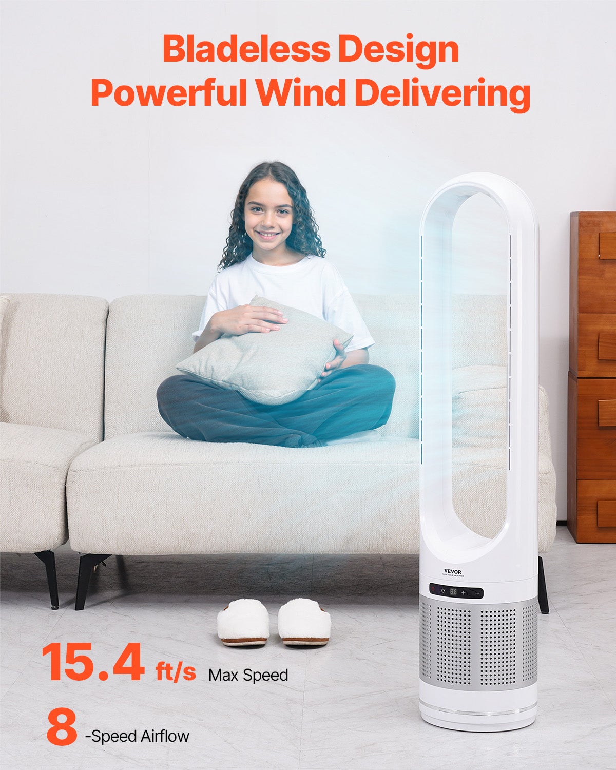 Ventilateur Tour sans Pales, Ventilateur Sol 15,4 pi/s, 8 Vitesses, Oscillation 80°, Minuterie 8h, Filtration HEPA H13, Télécommande VEVOR - 2