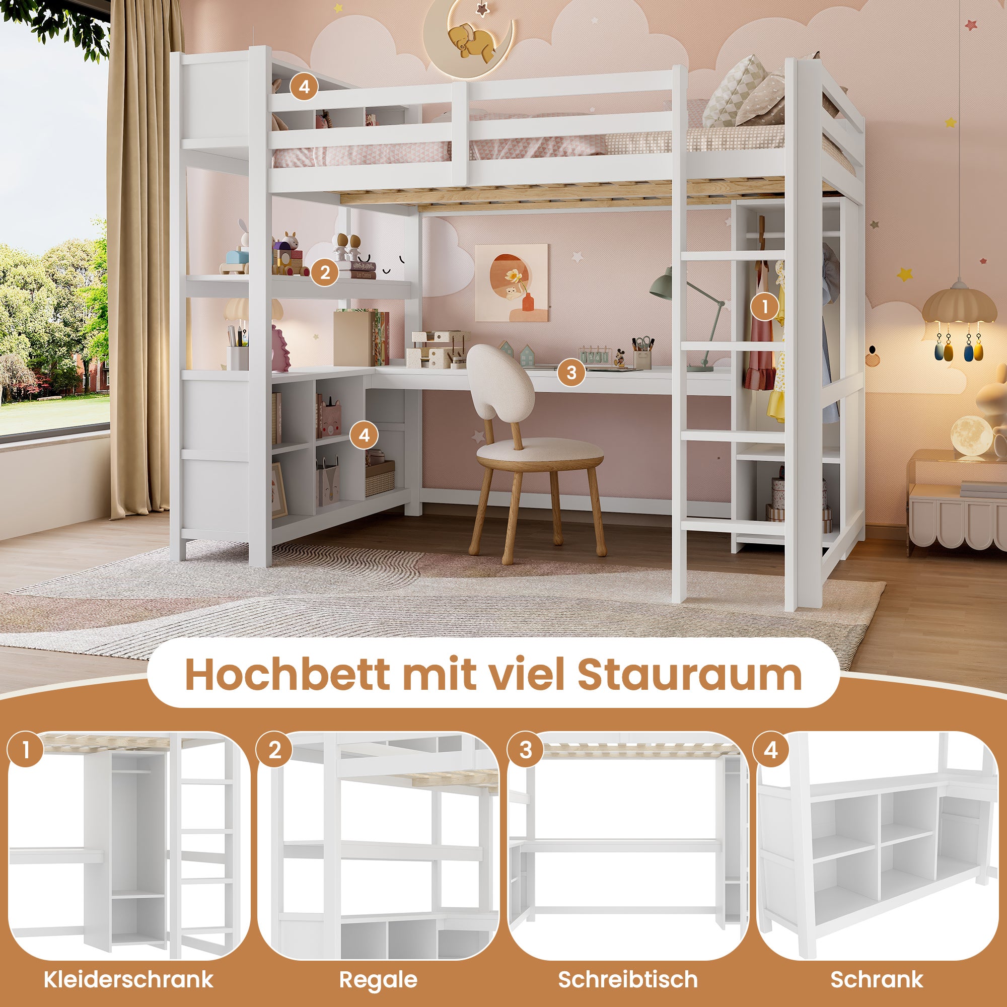 Lit Mezzanine 140x200 cm Combiné avec Bureau, Armoire et Étagères de Rangement, Structure Robuste pour Ados et Adultes, Design Gain de Place - Blanc - 6