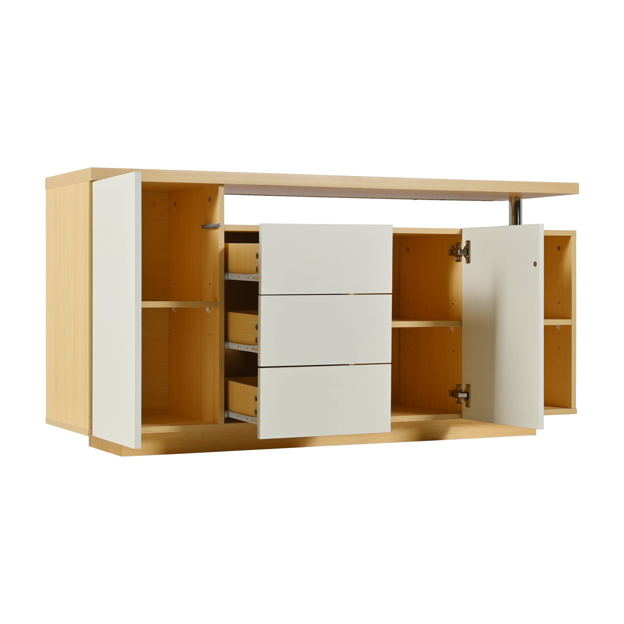 Credenza con illuminazione a LED - 2 ante, 3 cassetti, 2 nicchie - Naturale e Bianco - 5