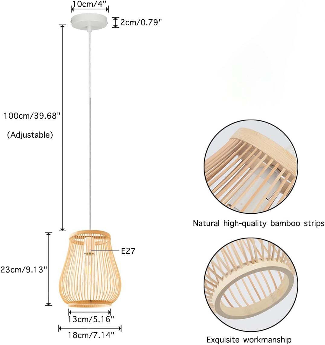 COMELY Suspension en Rotin Bohème E27, Luminaire Suspension Naturelle Hauteur Réglable pour Salon Salle à Manger Chambre Cuisine (Sans Ampoule) - 5